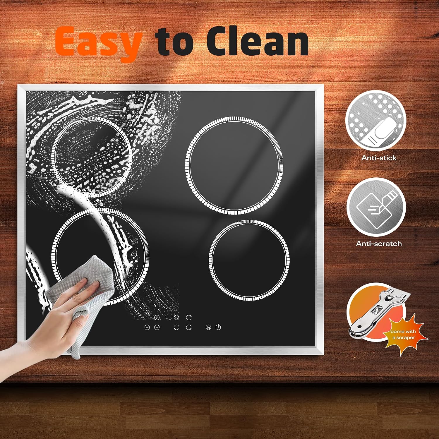 24 Inch Electric Cooktop 4 Burner Electric Stove, 6000W Built in Ceramic Stovetop with Touch Control 24', Timer, Child Lock, 9 Heating Level, 220-240v, Hard Wire(No Plug)