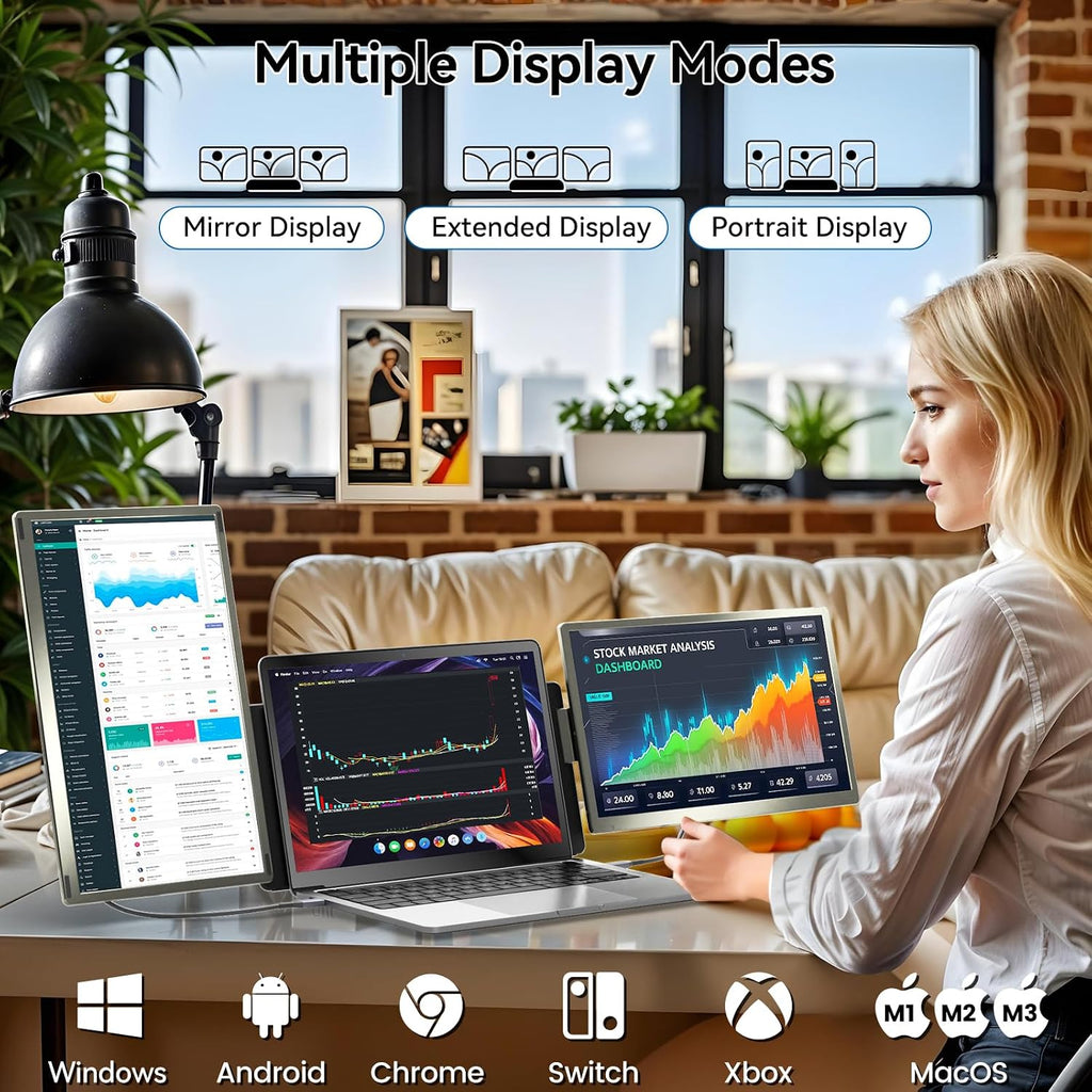 domyfan 15.6' Laptop Screen Extender, 120% sRGB FHD 1080P IPS Triple Portable Laptop Monitor Extender with Type-C USB HDMI Plug-Play for Mac, Windows, Chrome, Android, Fits All Laptops