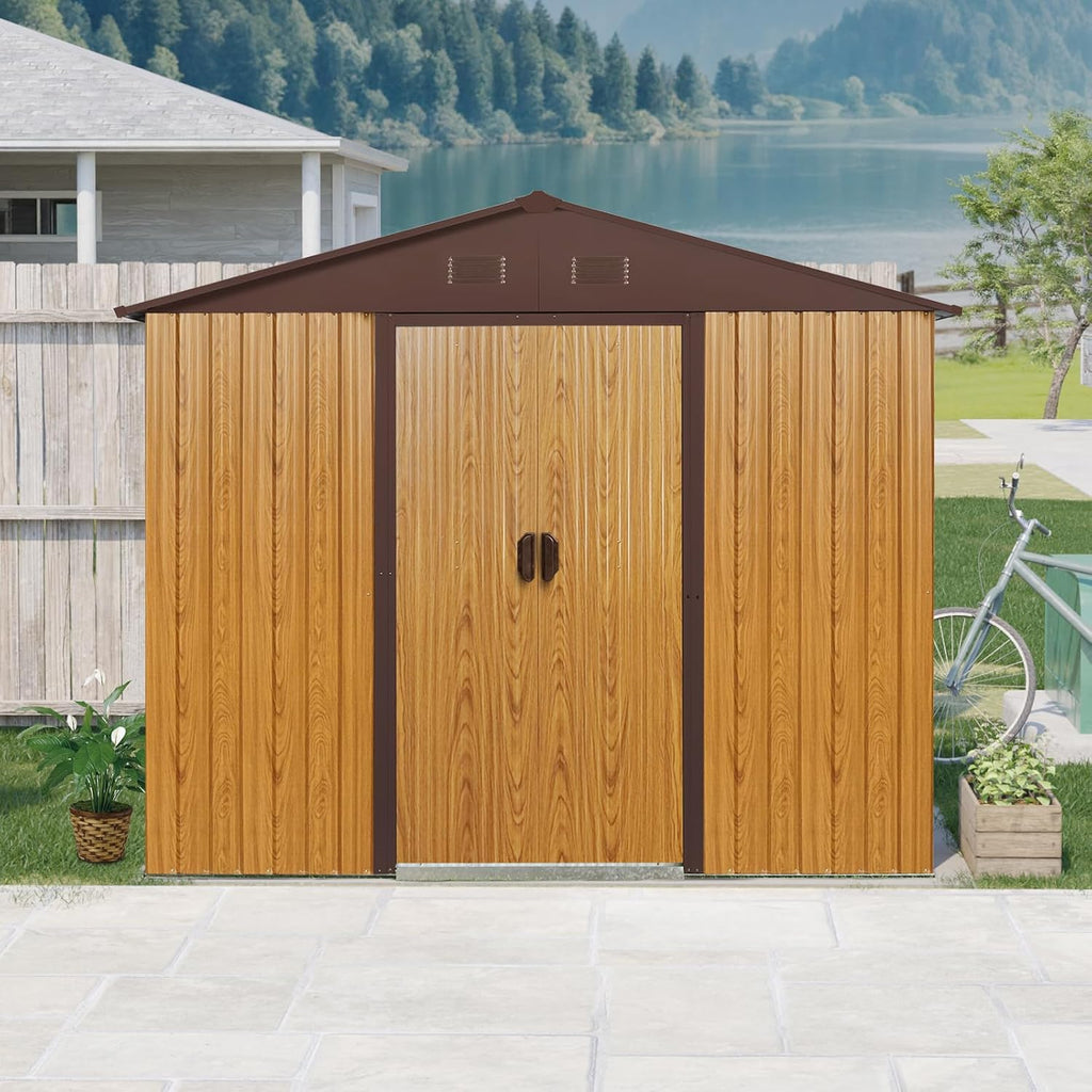 8 x 4 FT Outdoor Storage Shed, Metal Garden Shed with Floor Frame, Tool Shed Outdoor Storage with Lockable Sliding Doors & Window & Air Vents, Storage House Waterproof for Backyard, Lawn, Coffee