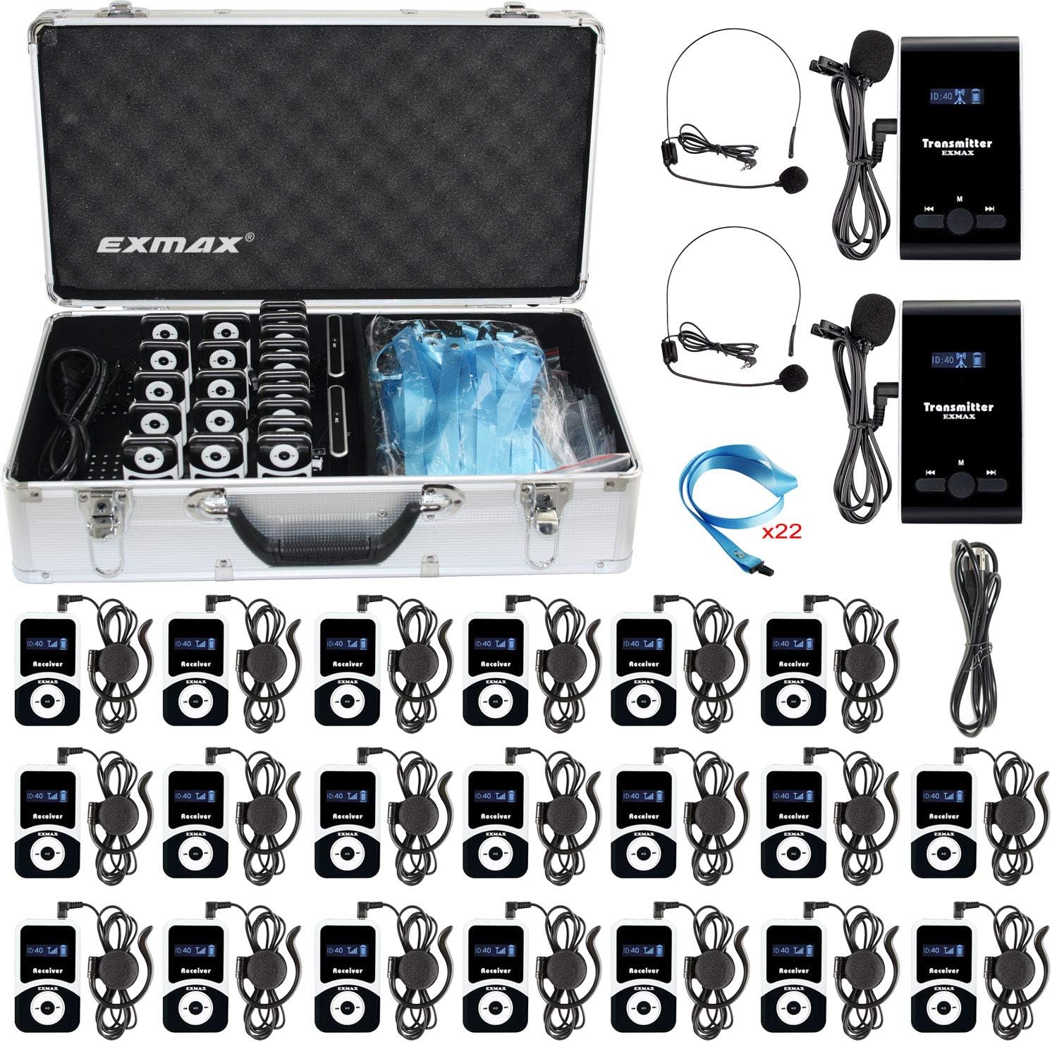 EXMAX Church Translation System Tour Guide Solutions for Social Distancing at Work ATG-100T 195MHz for Meeting Tour Group Exhibition(2 Transmitters & 20 Receivers + Aluminium Alloy Charge Case)