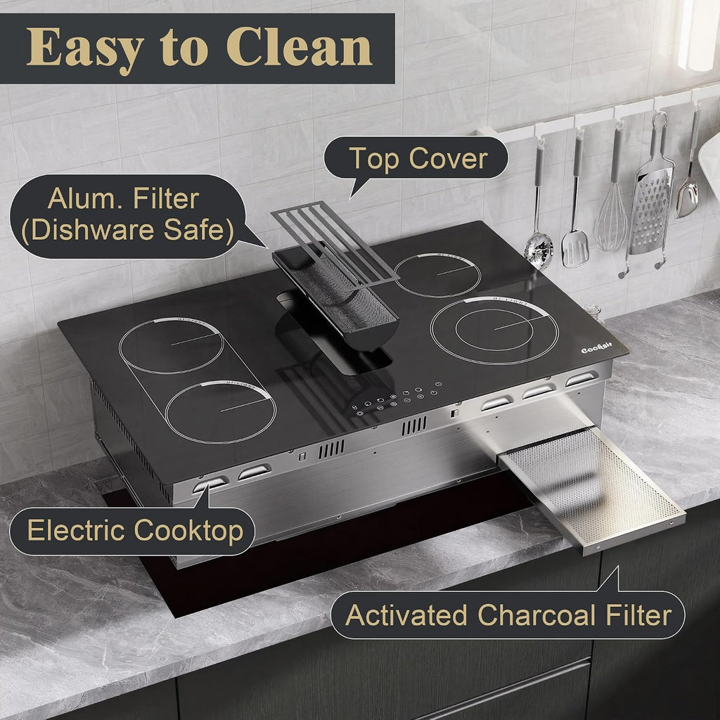 36 Inch Electric Cooktop with Downdraft - 4 Burner Built-in Electric Stove 7400W, 36 Inches Ductless Recirculating Downdraft, Timer, Safety Lock, BBQ Bridge Burner, Recirculating Air Vent