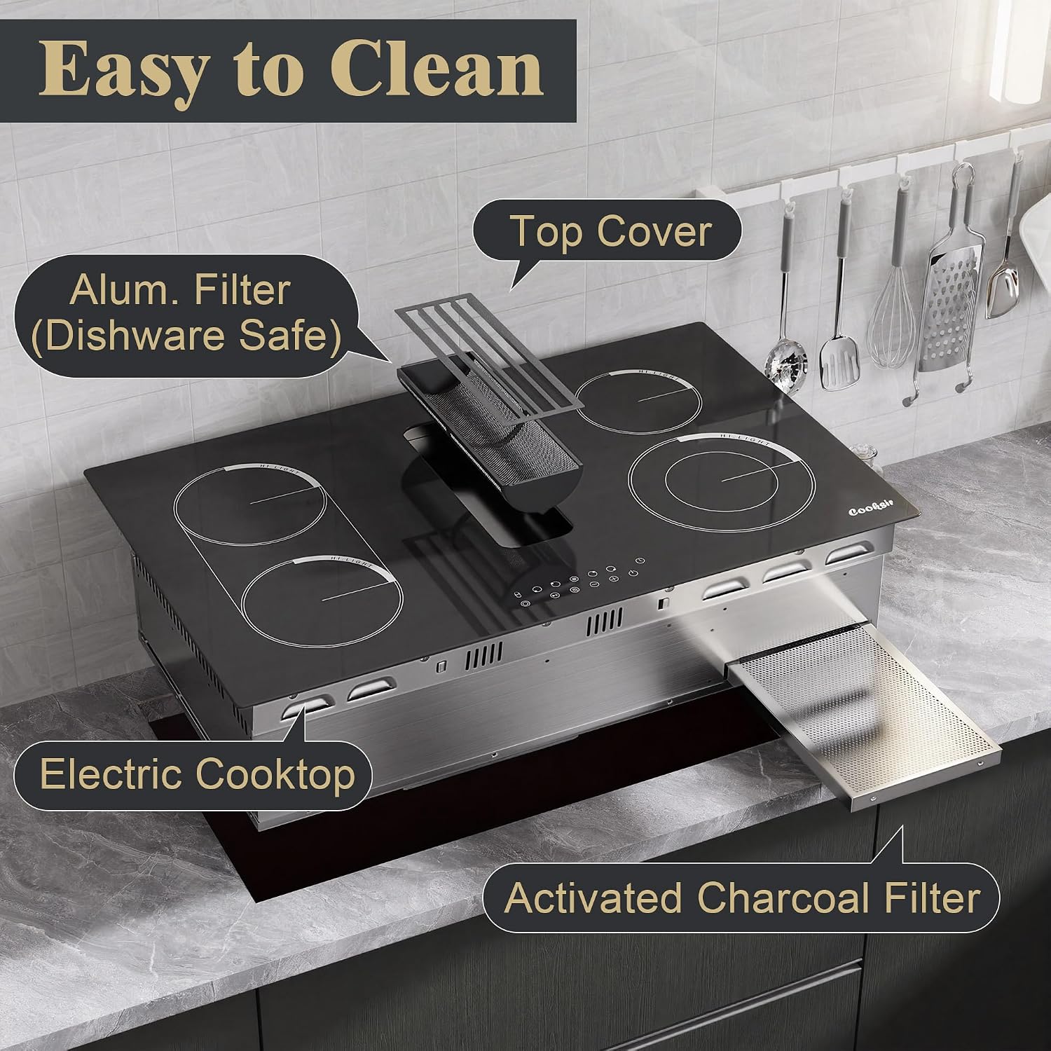 36 Inch Electric Cooktop with Downdraft - 4 Burner Built-in Electric Stove 7400W, 36 Inches Ductless Recirculating Downdraft, Timer, Safety Lock, BBQ Bridge Burner, Recirculating Air Vent