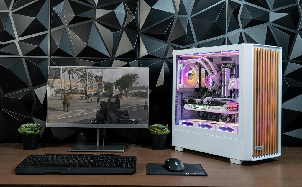 ViprTech Overlord 2.0 Liquid-Cooled PC - AMD Ryzen 7 5700X (4.6Ghz Turbo), AMD RX 9060 XT 16GB, 32GB DDR4 RAM, 1TB SSD, White Wood Case, RGB Keyboard Mouse, VR-Ready, WiFi BT, Win 11, Computer Tower