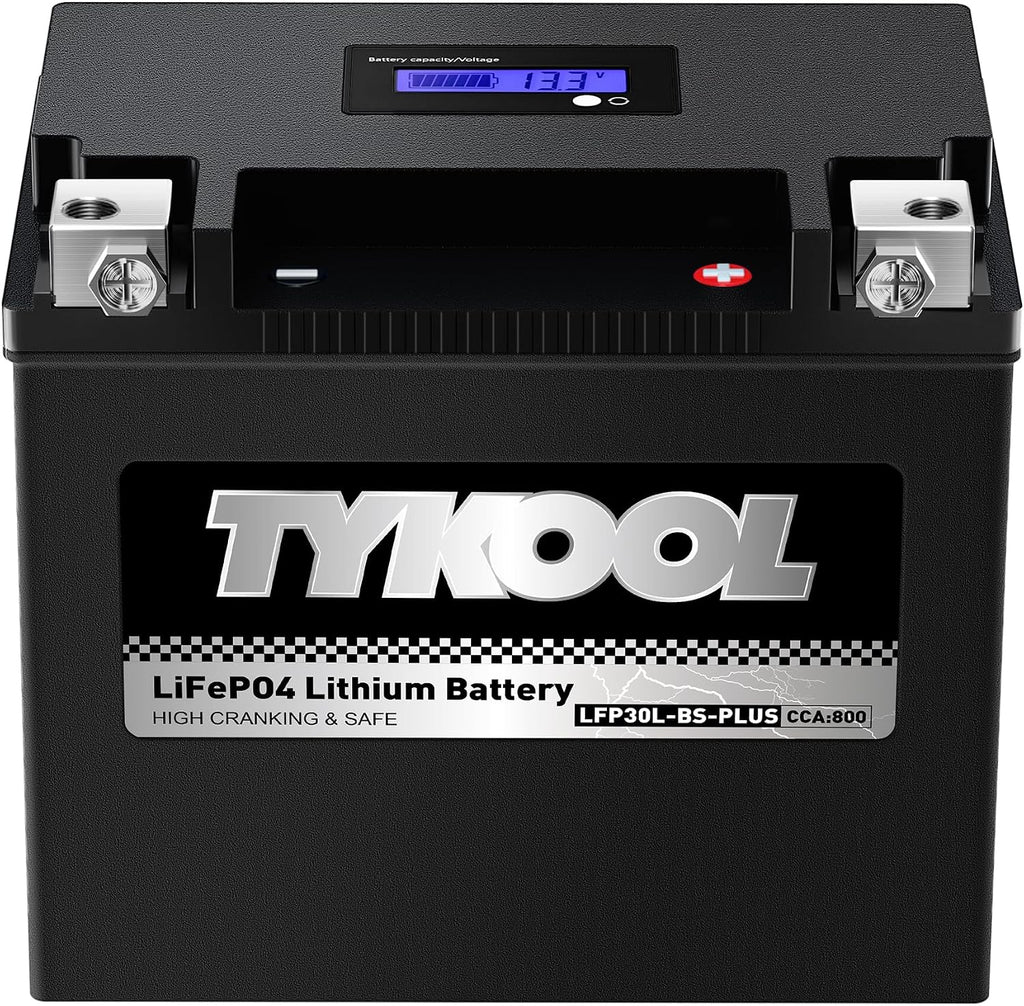 TYKOOL LFP30L-BS-PLUS Lithium Battery, Replaces GYZ32HL-BS YIX30L-BS, 800CCA 28Ah Fits for Motorcycle UTV ATV PWC, Compatible with Harley CVO Limited Polaris Ranger RZR 1000,Sea-Doo 1500, SOC Readout