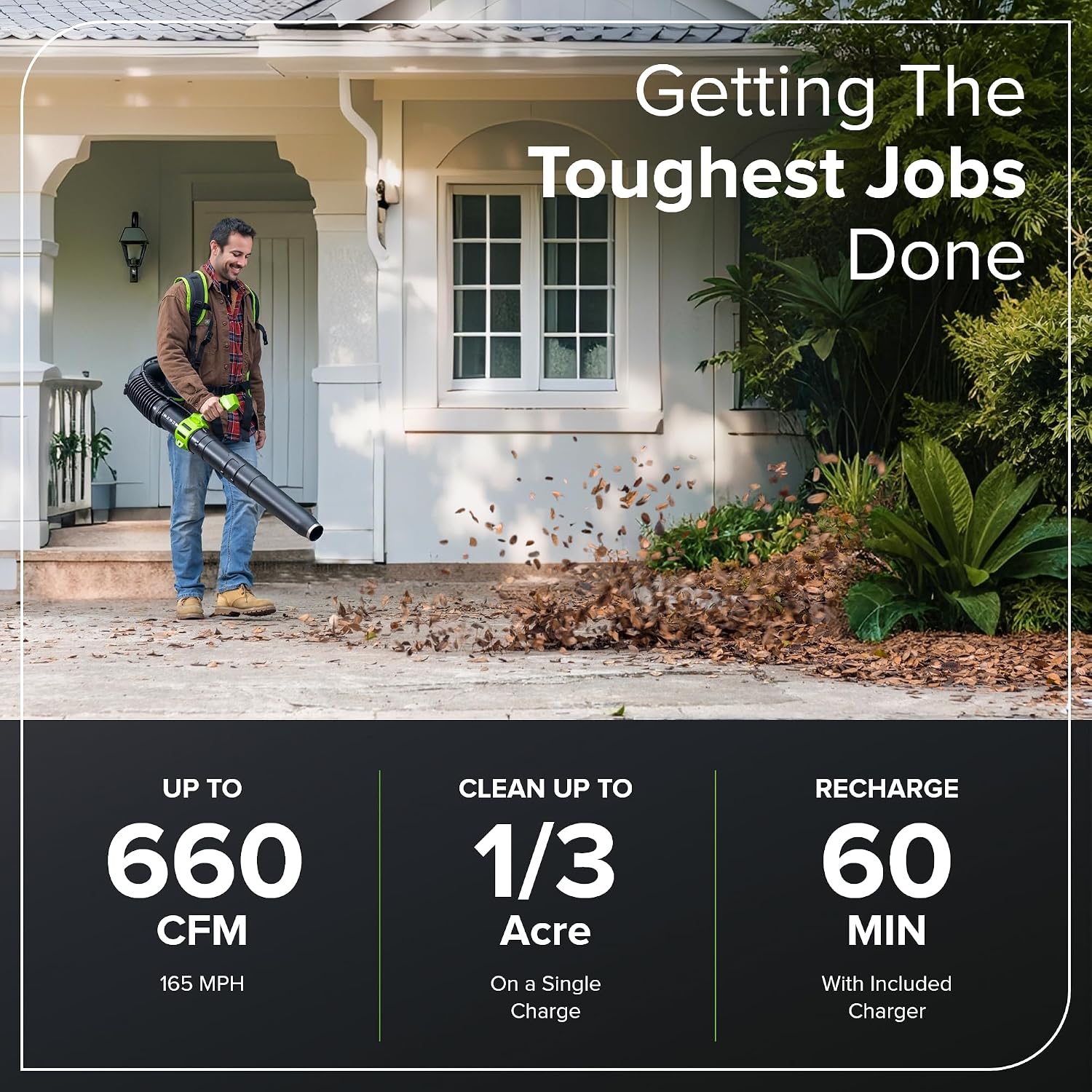 Greenworks 40V (660 CFM / 165 MPH) Brushless Backpack Leaf Blower, High Power for Yards, Driveways, Patios, Includes 5.0Ah Battery & 5A Rapid Charger