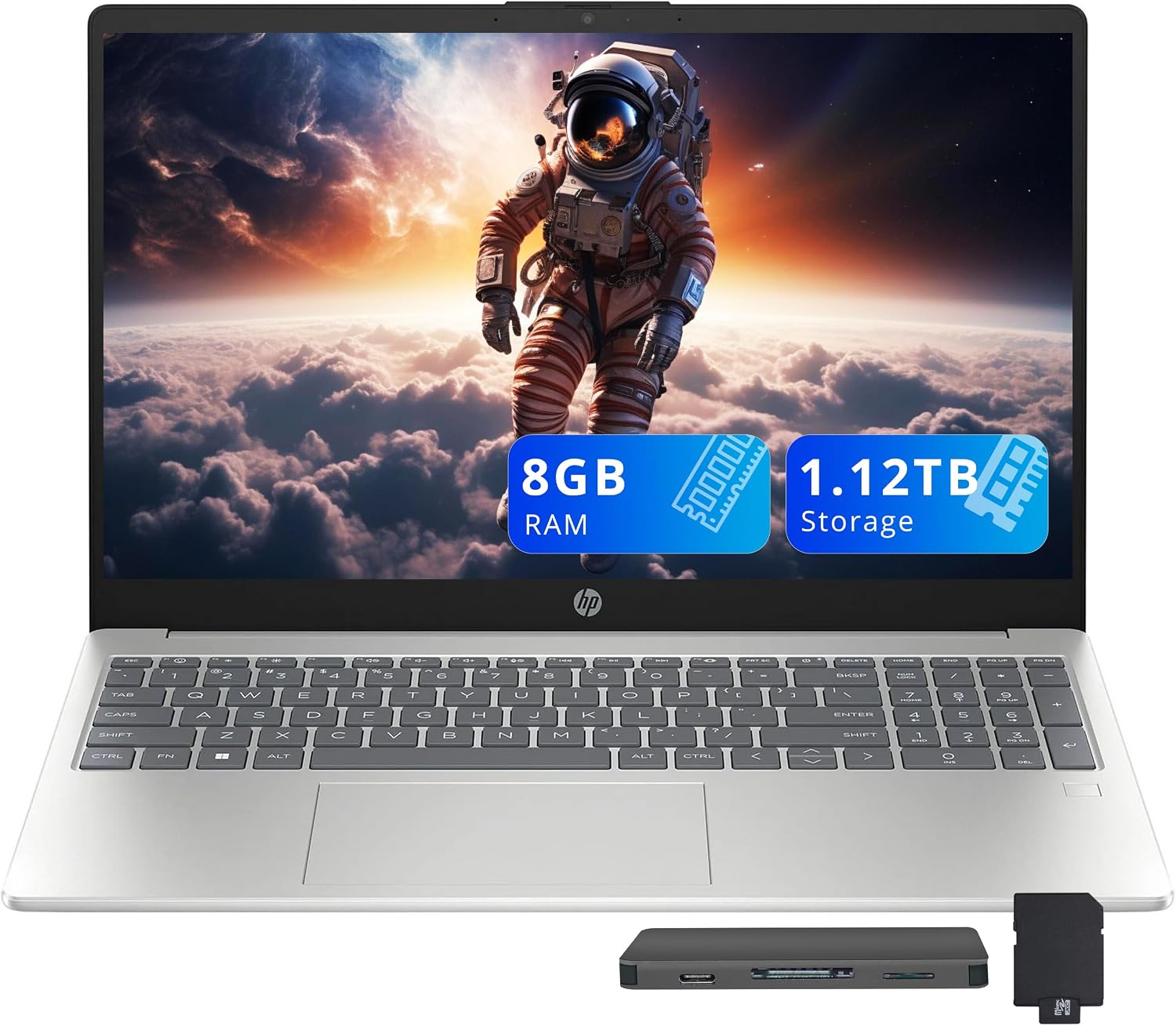 HP 15.6' HD Laptop for Business, Intel Core i3 N305, 8GB RAM, 1.12TB Storage (128GB SSD+1TB Docking Station Set), Intel UHD Graphics, Copilot AI, HD Camera, Wi-Fi 6, Win 11, Silver