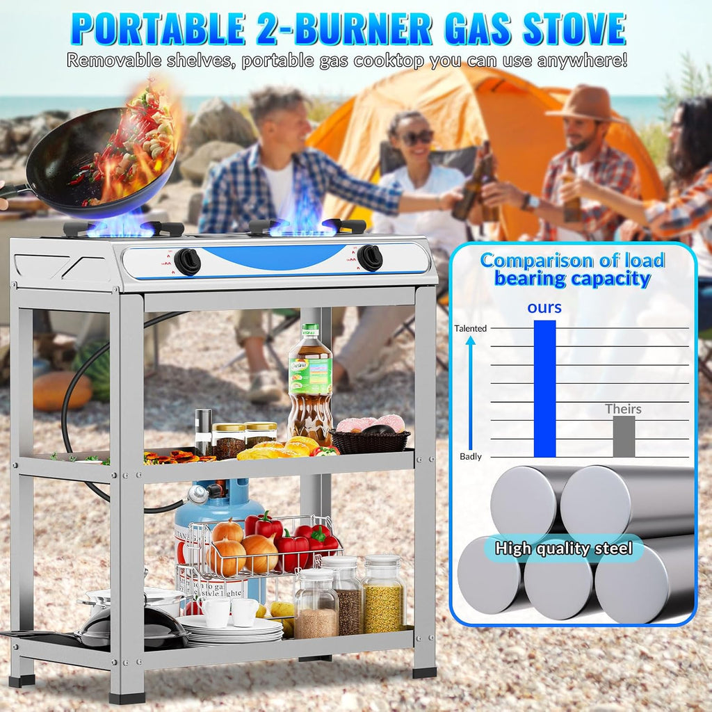 2 Burner Propane Gas Stove,19000BTU Portable Gas Stove with Support Leg Stand and Adapter Auto Ignition Camping Stove,propane burner for RV, Apartment, Outdoor Cooking