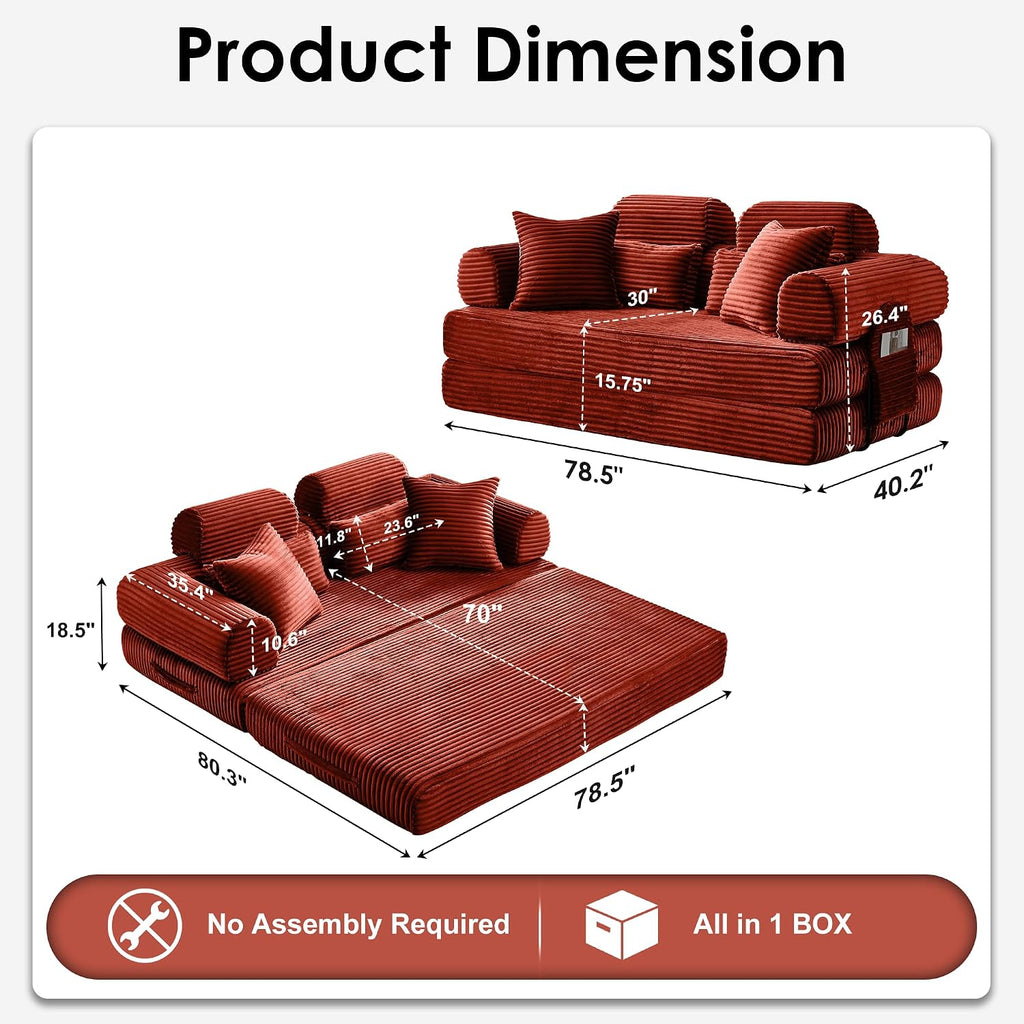 Convertible Sleeper Sofa Bed, 78.5' Corduroy Foldable Loveseat Sofa, Queen to King Size Boneless Couch Bed for Living Room | No Assembly Required | Memory Foam | Compression Sofa, Orange