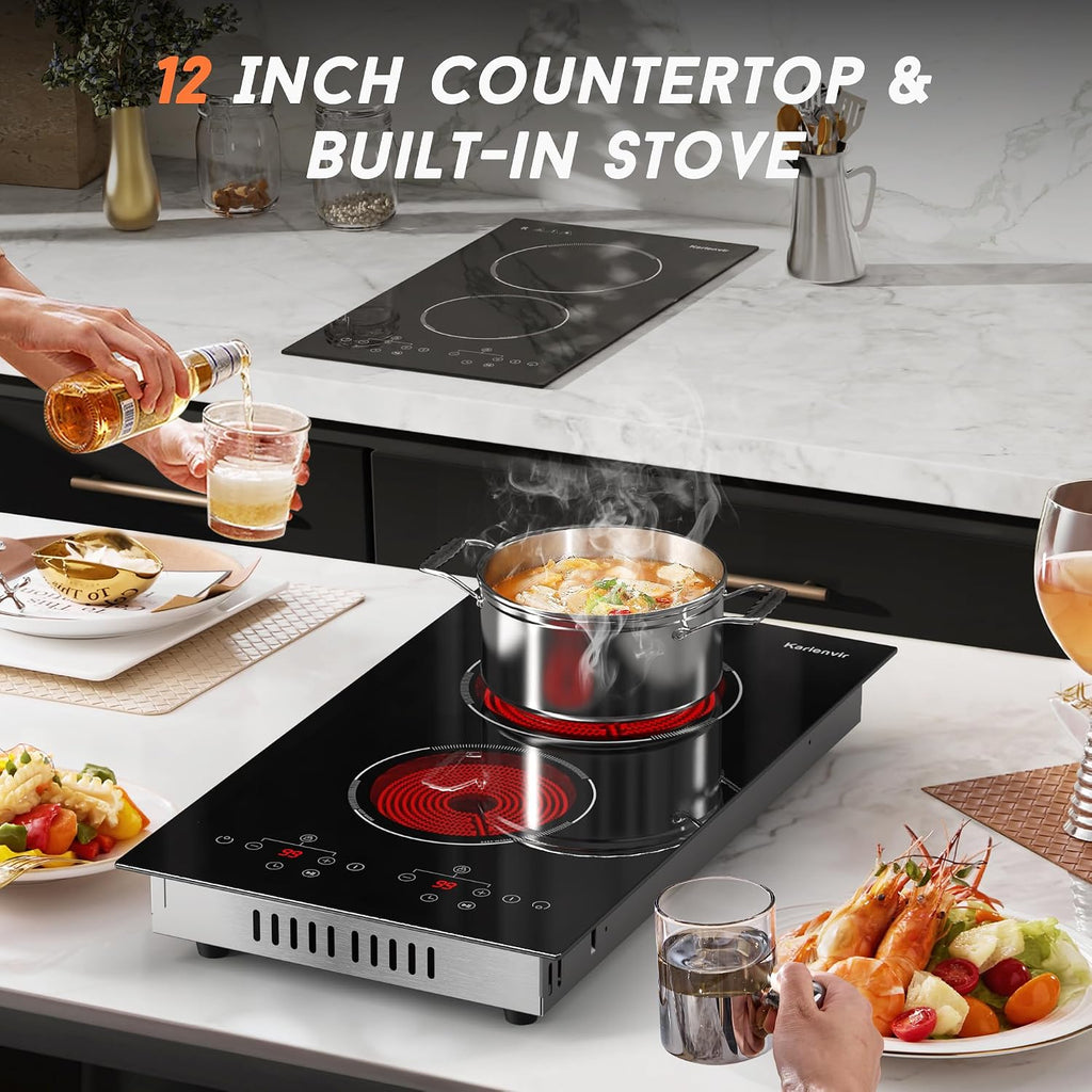 2 Burner Electric Cooktop, 110v Electric Stove with Plug, 12 Inch Countertop & Built-In Portable Electric Stove, 9 Levels of Power, 2000W, Touch Control, Safety Lock, Timer, Pause Function, Karienvir