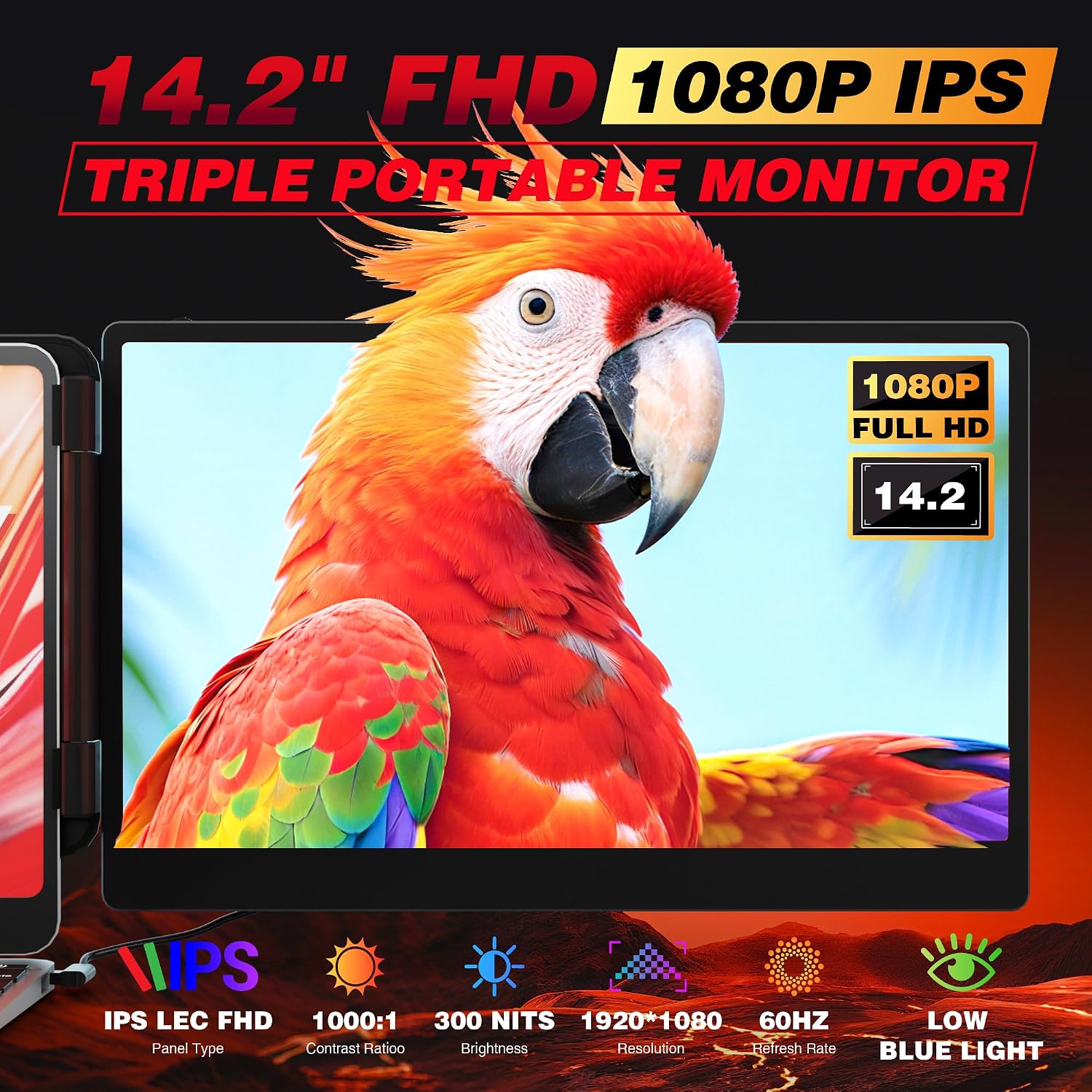Laptop Screen Extender Triple Monitor, 14.2' Portable Multi Monitor FHD 1080P IPS Ultra-Thin, HDMI/USB-A/Type-C & Plug & Play, Fits 13-17' Laptops, Compatible with Windows/macOS/Android/Switch
