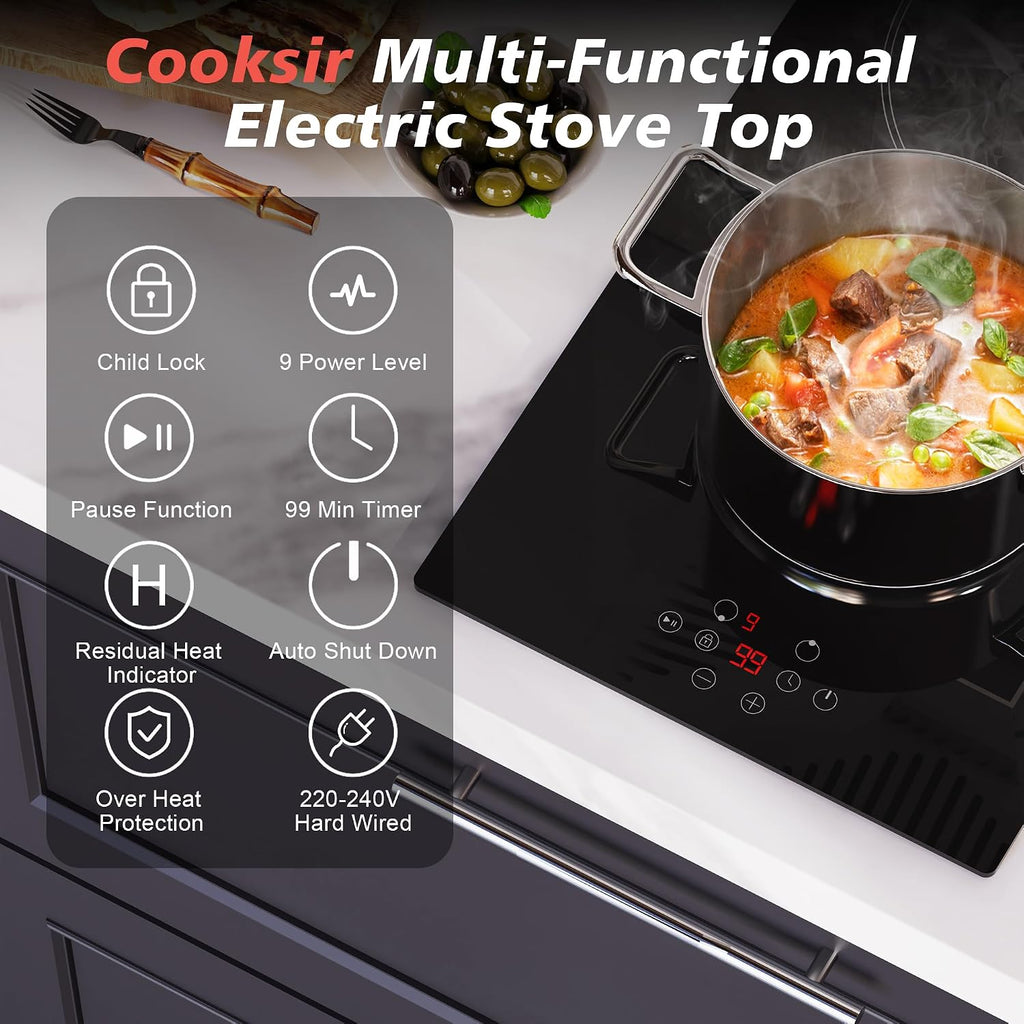 2 Burner Electric Cooktop, 12 inch Electric Stove Top 3000W, Double Burners Ceramic Cook Top with 9 Power Levels, Safety Lock, Timer, Sensor Touch Control, 220-240V Hard Wired (No Plug)