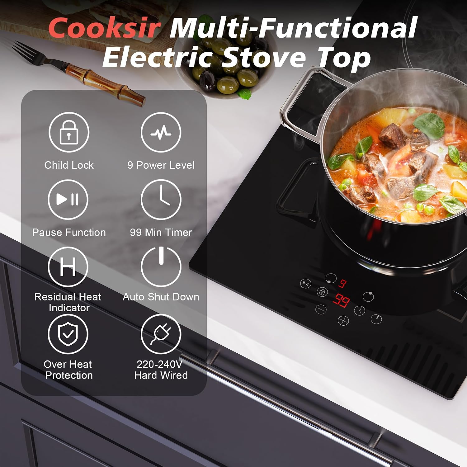 2 Burner Electric Cooktop, 12 inch Electric Stove Top 3000W, Double Burners Ceramic Cook Top with 9 Power Levels, Safety Lock, Timer, Sensor Touch Control, 220-240V Hard Wired (No Plug)