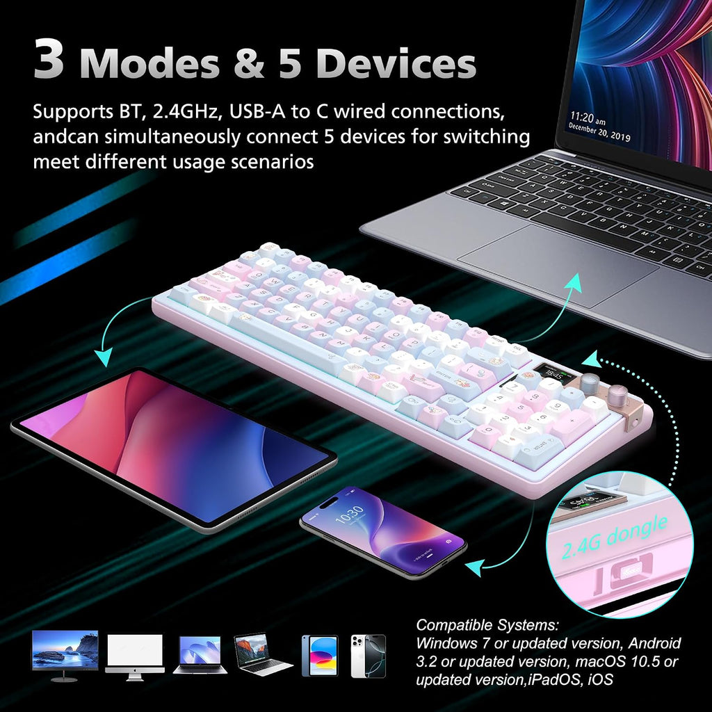 H98 Wireless Mechanical Keyboard,96-Key Hot-Swappable Wired Gaming Keyboard,Tri-Mode Bluetooth 5.0 2.4G USB-C,1.14' Color Screen,Double Knob,6000mAh,RGB,PBT Keycaps for PC Mac iPad-Pink