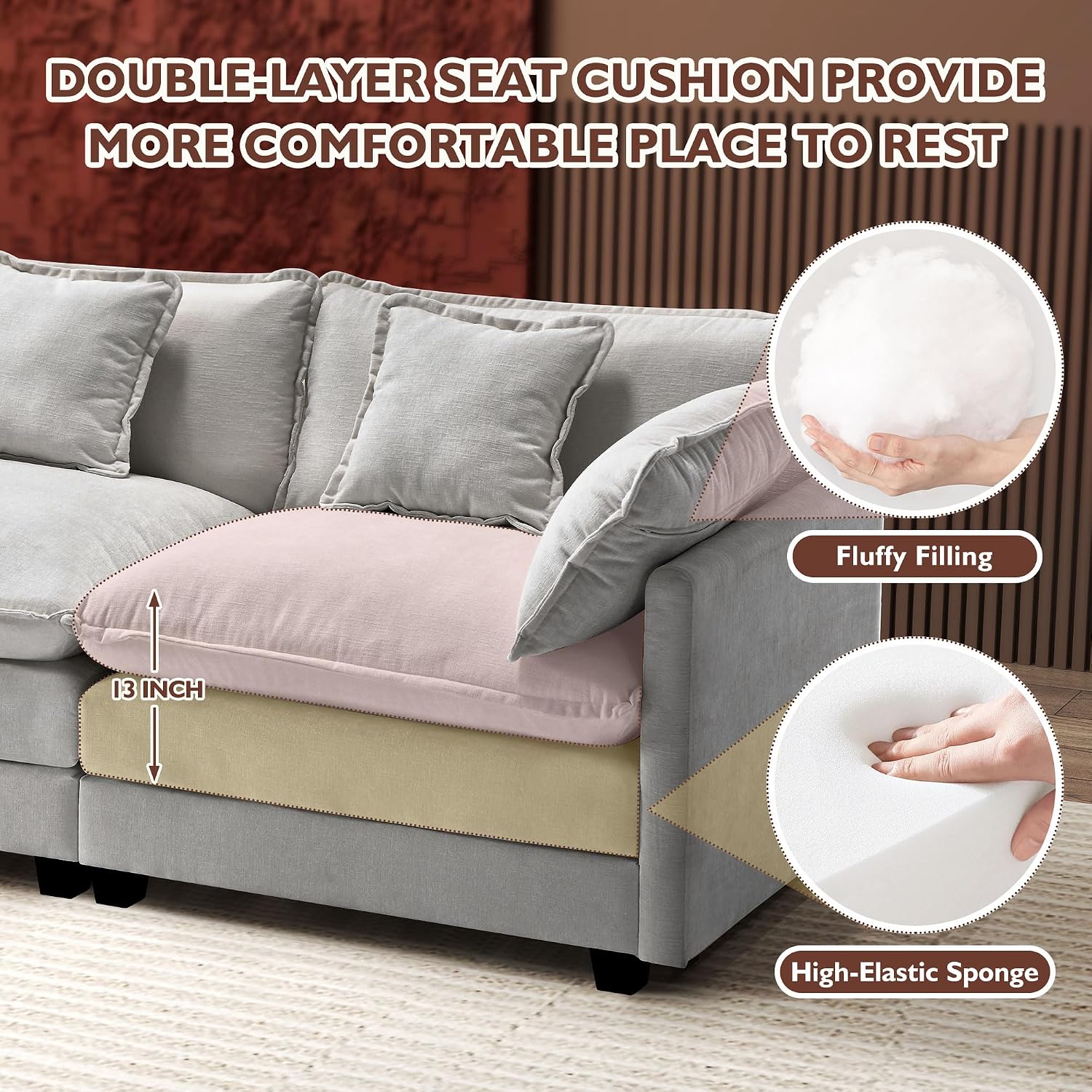 Ihanherry 111.4 Inch 3-Seater Cloud Sofa, Modular Sectional Couch, Modern Deep Seat Sofa for Living Room, Comfy Double Layer Upholstered Seat Cushion, Breathable Chenille Fabric, Grey