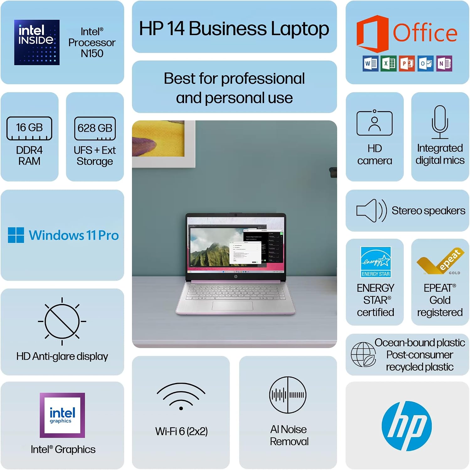 HP 14' Flagship Laptop 2025 AI-Powered Computer, Office Lifetime, Student Business, 4-Core Intel CPU, 16GB RAM 628GB Storage (128GB UFS+ 500GB Ext), Long Battery HubxcelAccessory Win 11 Pro Lavender