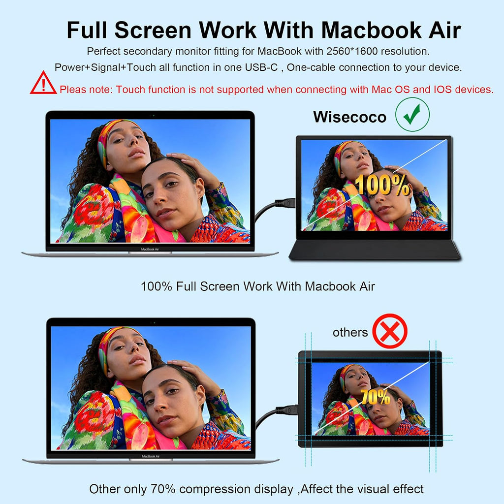 wisecoco Portable Monitor 9 inch 2K 2560 * 1600 IPS Touch Screen 73% NTSC USB C HDMI Secondary External Computer Laptop LCD Monitor for MacBook Pro Air PC Laptop Phone Xbox PS5