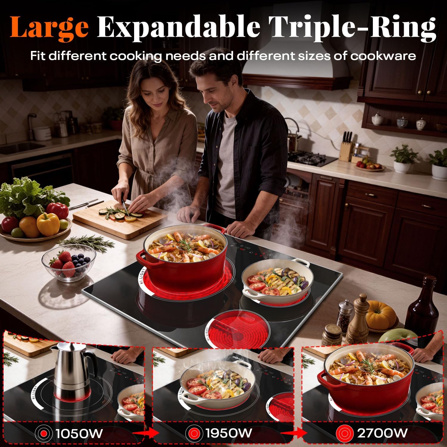 24 Inch Electric Cooktop, 3 Burner Built-in Ceramic Stove Top 220V-240V, 5700W Radiant Electric Cook Top with Touch Control, Timer, Safety Lock, 220V Hard Wired (No Plug)