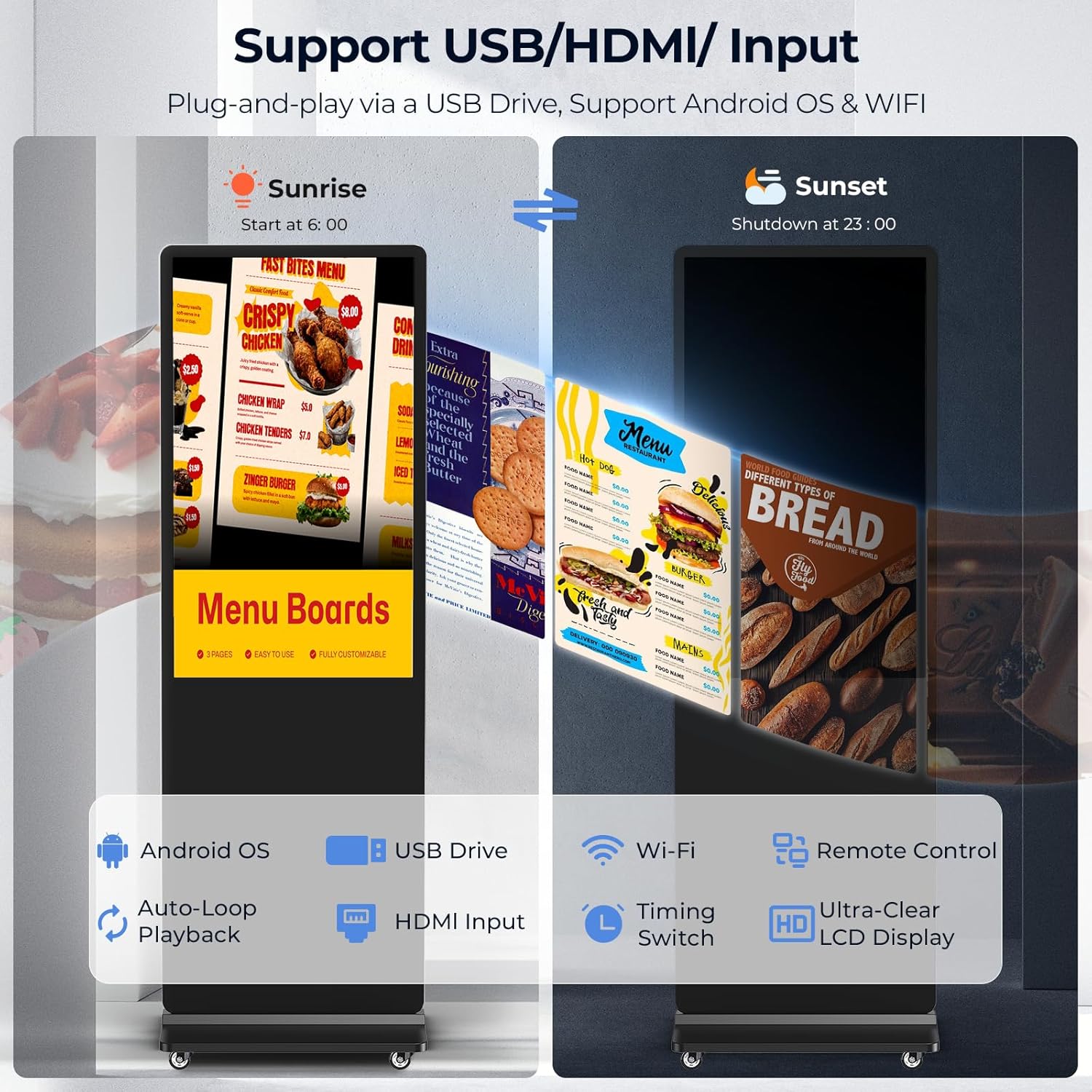 32/43/55/65 Inch Digital Signage Display, LCD Screen Advertising Display Kiosk Interactive Totem Floor Standing Auto AD Player with USB/HDMI/WiFi Android OS (43'' Touch Screen)