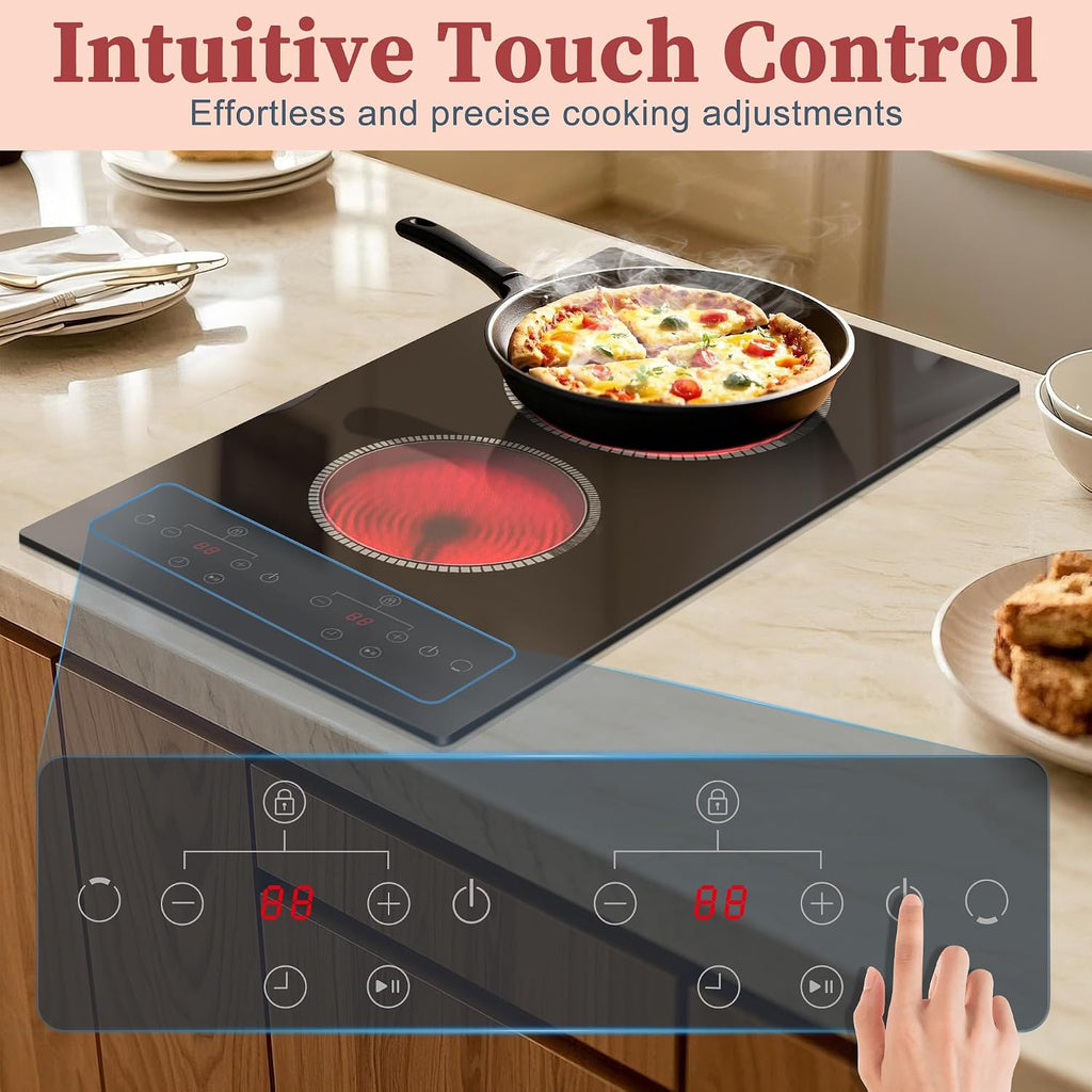 2 Burner Electric Cooktop, 120V Electric Stove Top Touch Control, 12 Inch Double Burner Countertop 2000W with Timer & 9-Level Adjustment, Child Lock, Built-in Radiant Plug In Stove Top Pladeca