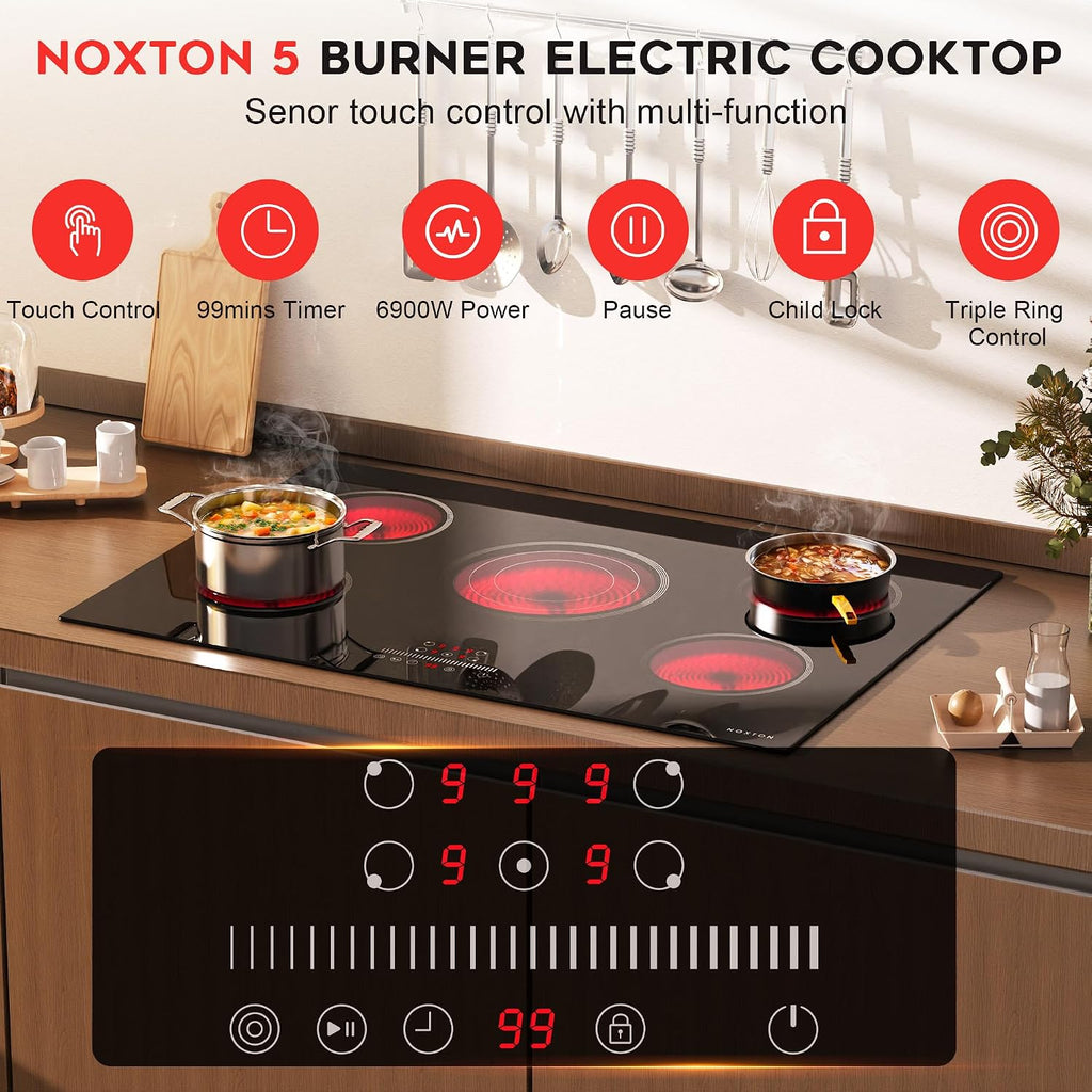 Noxton Electric Cooktop 30 Inch Electric Stove 5 Burners, Built-in Ceramic Cooktop, 9 Heating Level, Pause, Timer, Child Safety Lock, Triple Ring, 220V Hardwire