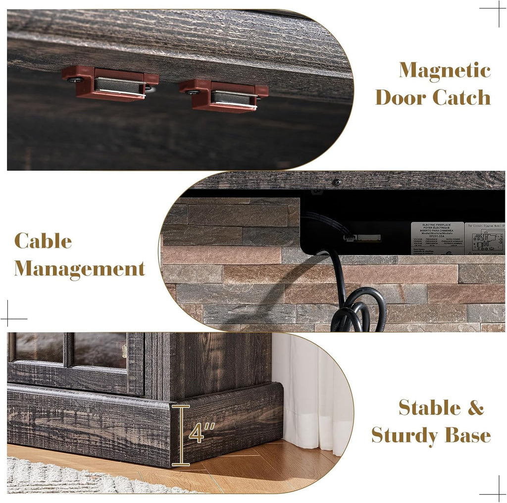LUXOAK 97' Farmhouse TV Stand with 33' Fireplace for TVs up to 100', Media Entertainment Center with Large Storage Cabinet and Adjustable Shelves for Living Room, Rustic Black