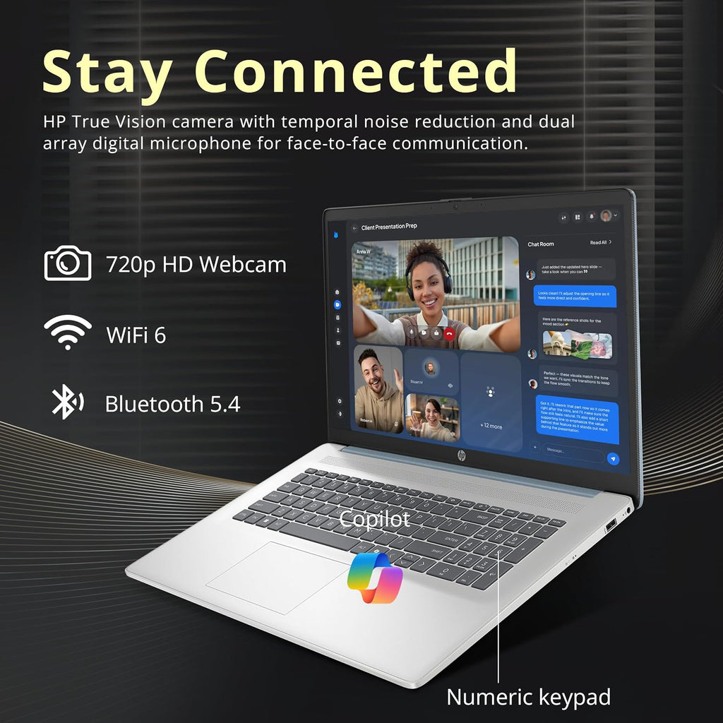 HP 17.3' HD+ Touchscreen Laptop, Intel Ultra 7 255U, 16GB RAM, 2TB Storage (1TB SSD+1TB Docking Station Set), ‎Intel Graphics, Numeric Keypad, 720p HD Camera, Copilot, Wi-Fi 6, Win 11 Home, Blue