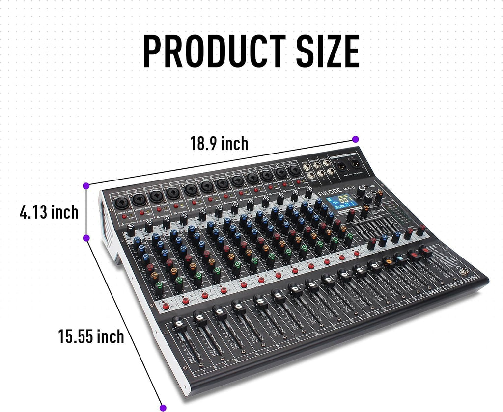 12-Channel Bluetooth Studio Audio Mixer 99 Bit DSP Digital Processor w/USB MP3 for PC Recording Input, XLR Microphone Jack, 48V Power, For Professional and Beginners DJ Mixer