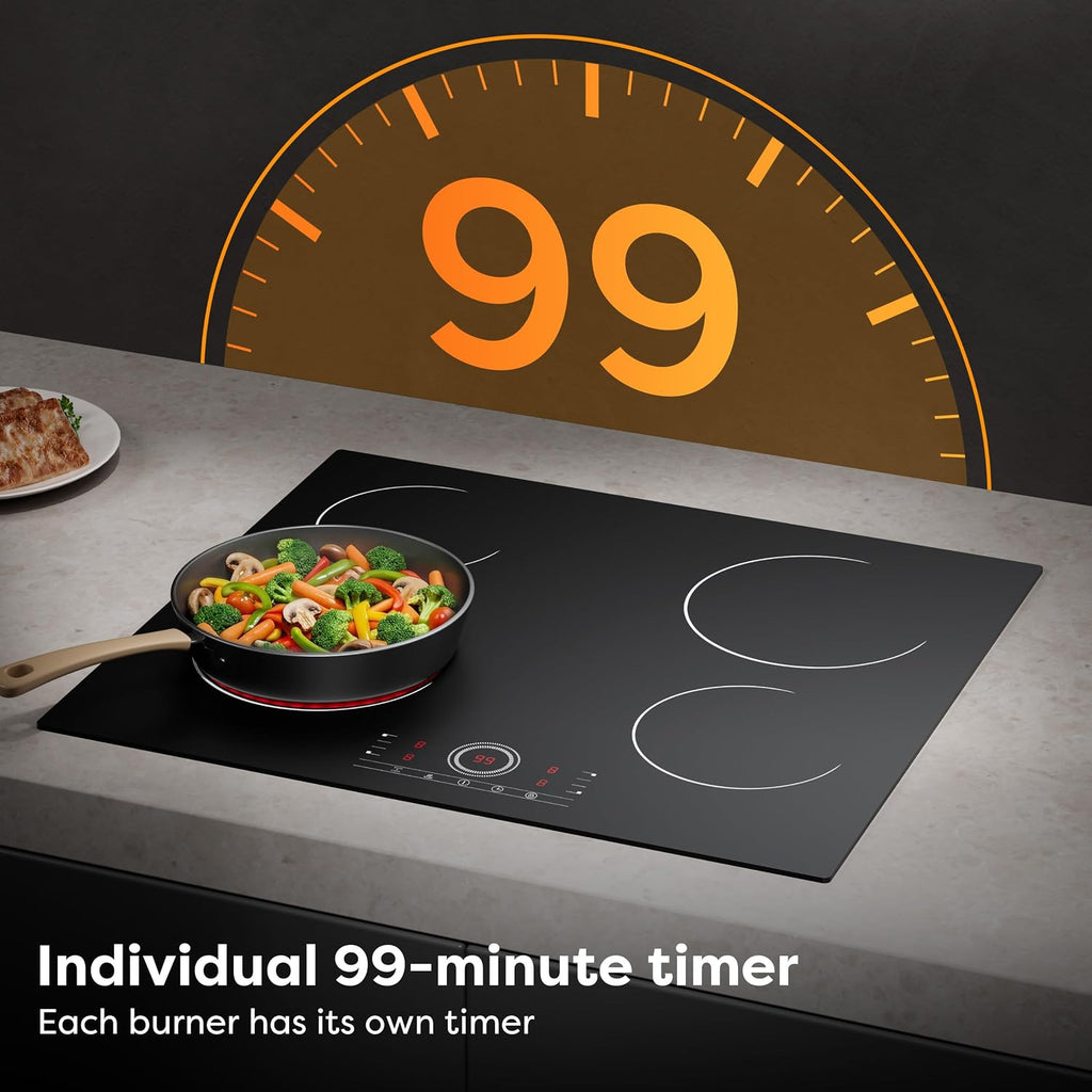 4 Burner Electric Cooktop, 24 Inch Built-in Electric Stove Top, 220-240v Radiant Cooktop with Child Lock, Touch Control, Residual Heat Indicator, Overheat Protection, Hard Wire (No Plug)