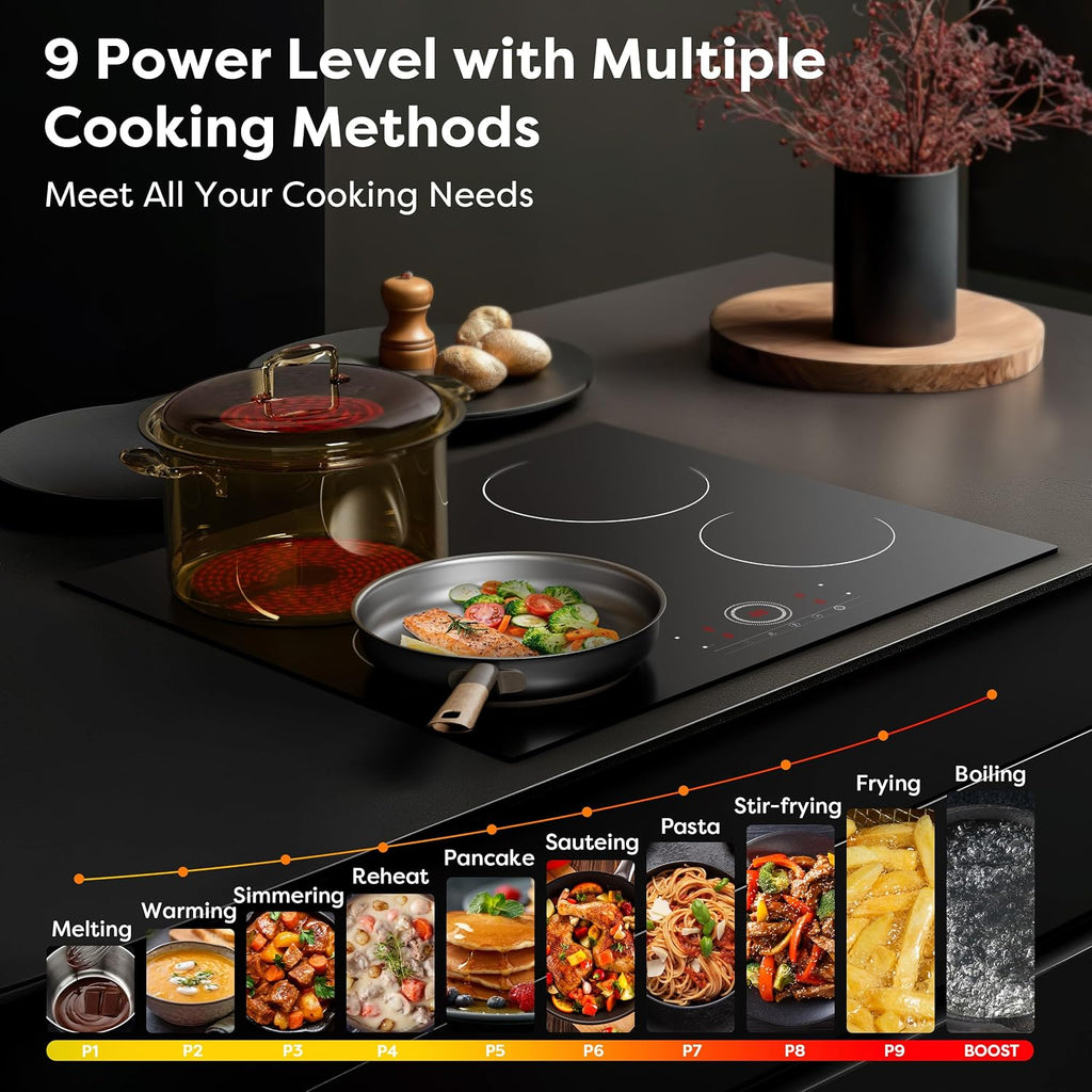 4 Burner Electric Cooktop, 24 Inch Built-in Electric Stove Top, 220-240v Radiant Cooktop with Child Lock, Touch Control, Residual Heat Indicator, Overheat Protection, Hard Wire (No Plug)