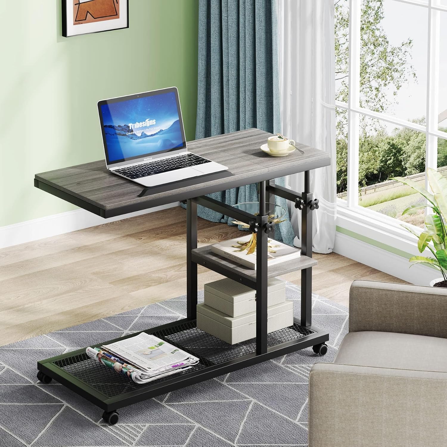 Tribesigns Height Adjustable C Table with Wheels, Mobile Couch Snack Side Table with Tiltable Drawing Board, Sofa Bedside Laptop Stand C Shaped TV Tray with Storage Shelves (Grey)