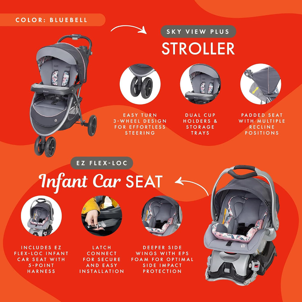 Baby Trend Sky View Plus Baby Stroller with EZ Flex-Loc Infant Car Seat, Adjustable Canopy, Storage Basket & Cup Holders, Bluebell - Lightweight & Foldable Travel System for Toddlers & Infants