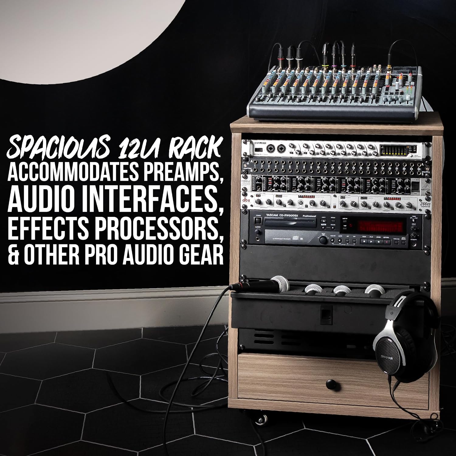 Gator Frameworks Elite Furniture Series 12U Angled Studio Rack with Locking Casters, Black Finish (GFW-ELITESTUDIORK12-BLK)