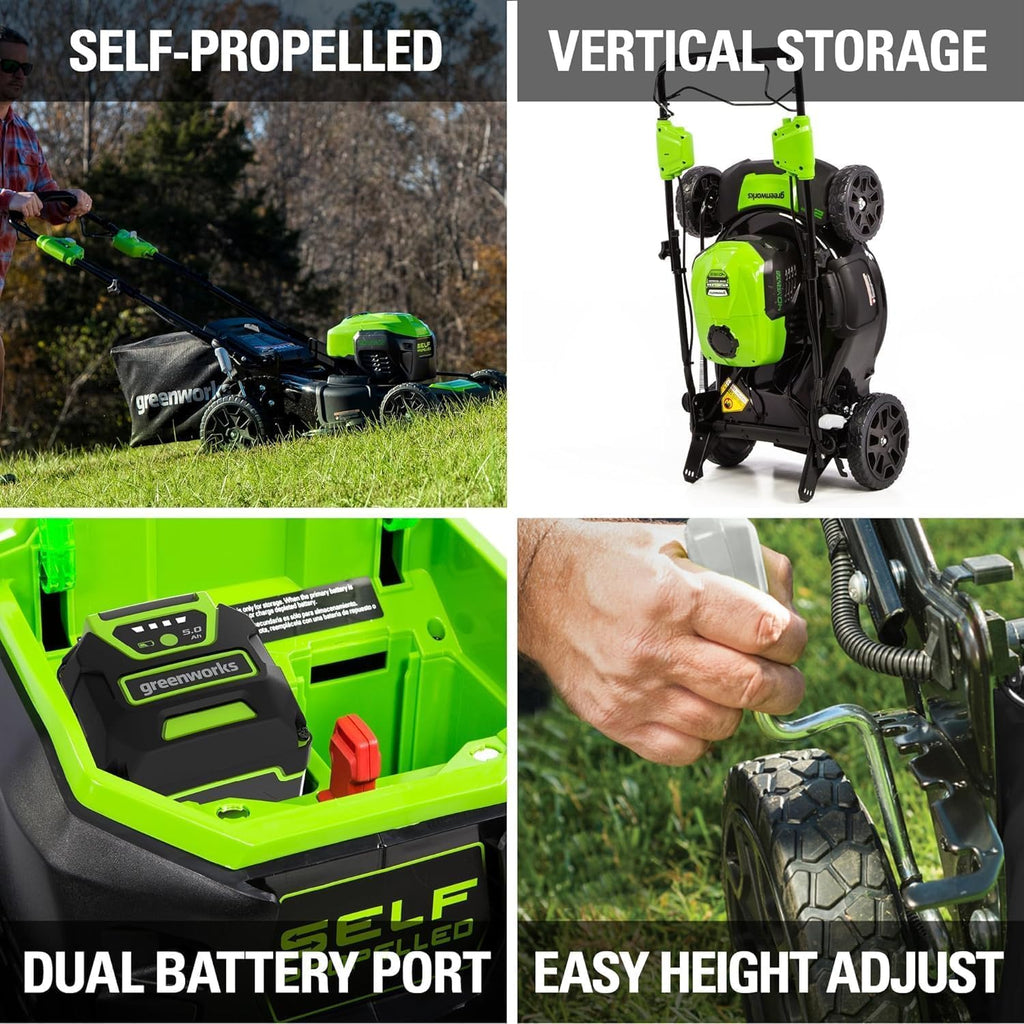 Greenworks 40V 21' Self-Propelled Lawn Mower,Axial Leaf Blower(500 CFM / 120 MPH),13' String Trimmer with 2 Batteries(5Ah+2Ah) & Chargers