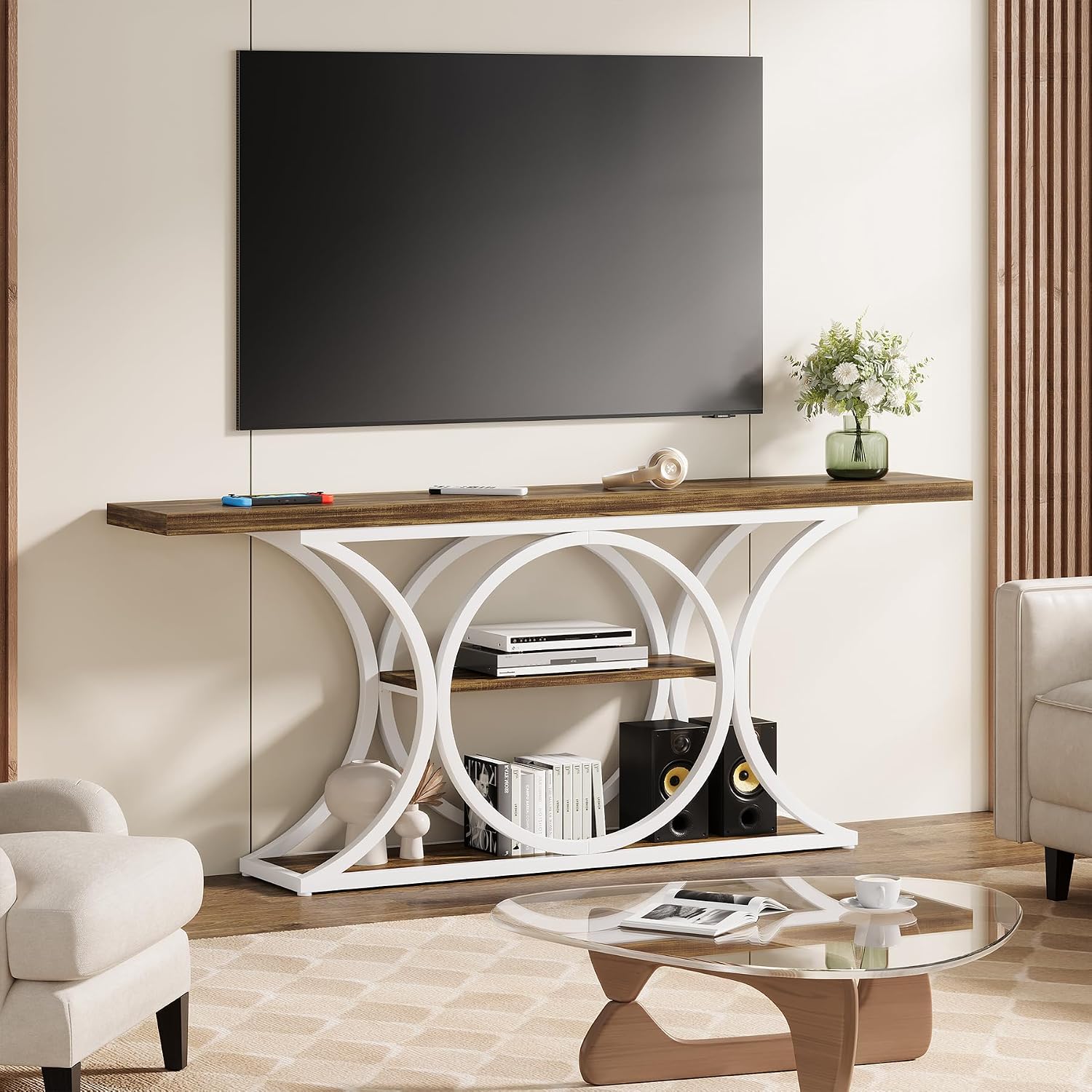 63 inch Extra Long Sofa Table, Rustic Industrial Entry Console Table, Behind Couch Table with Black Metal Frame, 3 Tier Storage Shelves for Hallway, Entryway & Living Room, Light Brown & White
