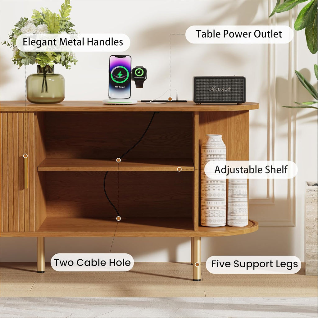 DHH 63 Inch Mid Century Modern TV Stand with Power Outlet for TVs up to 70 Inch, Entertainment Center with Storage and Adjustable Shelves, Media Console with Sliding Doors for Living Room(Yellow)
