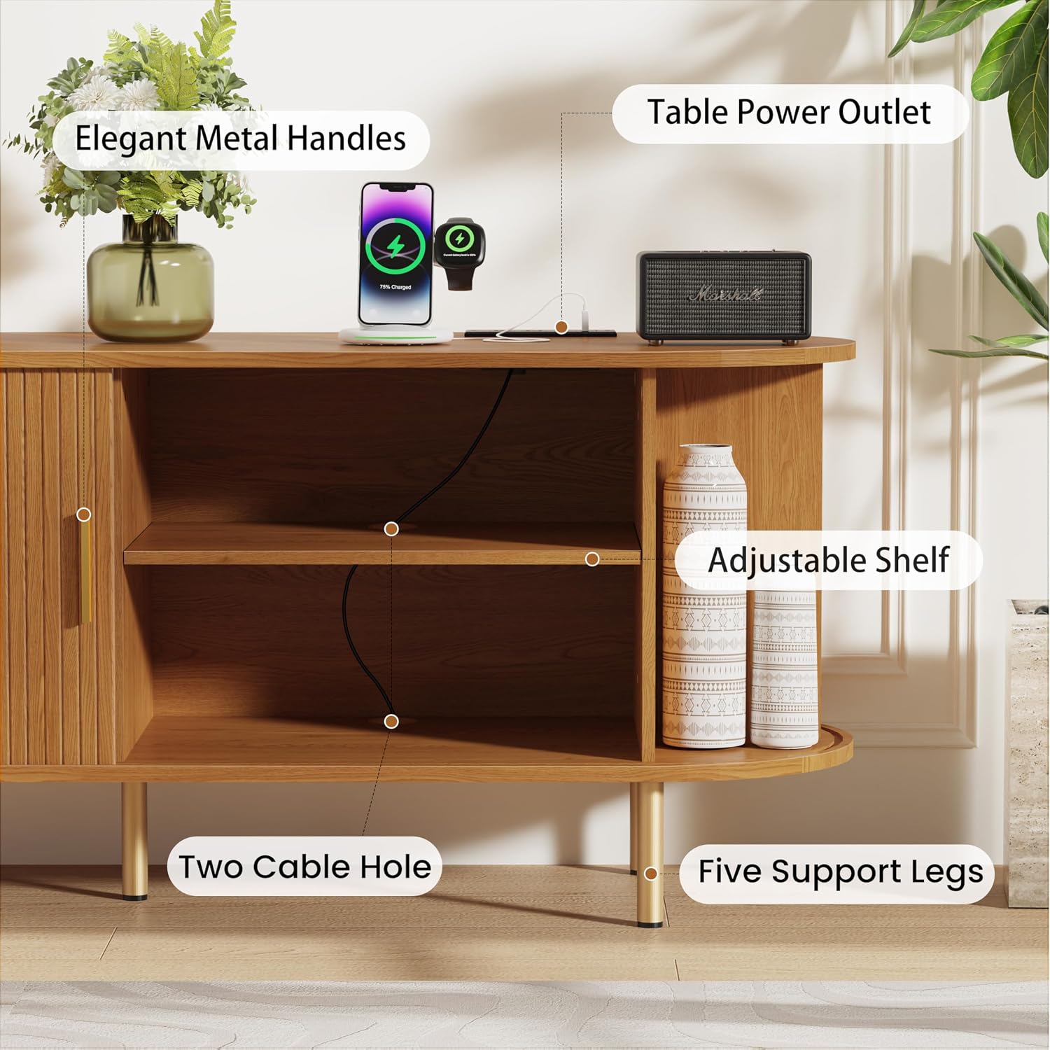DHH 63 Inch Mid Century Modern TV Stand with Power Outlet for TVs up to 70 Inch, Entertainment Center with Storage and Adjustable Shelves, Media Console with Sliding Doors for Living Room(Yellow)