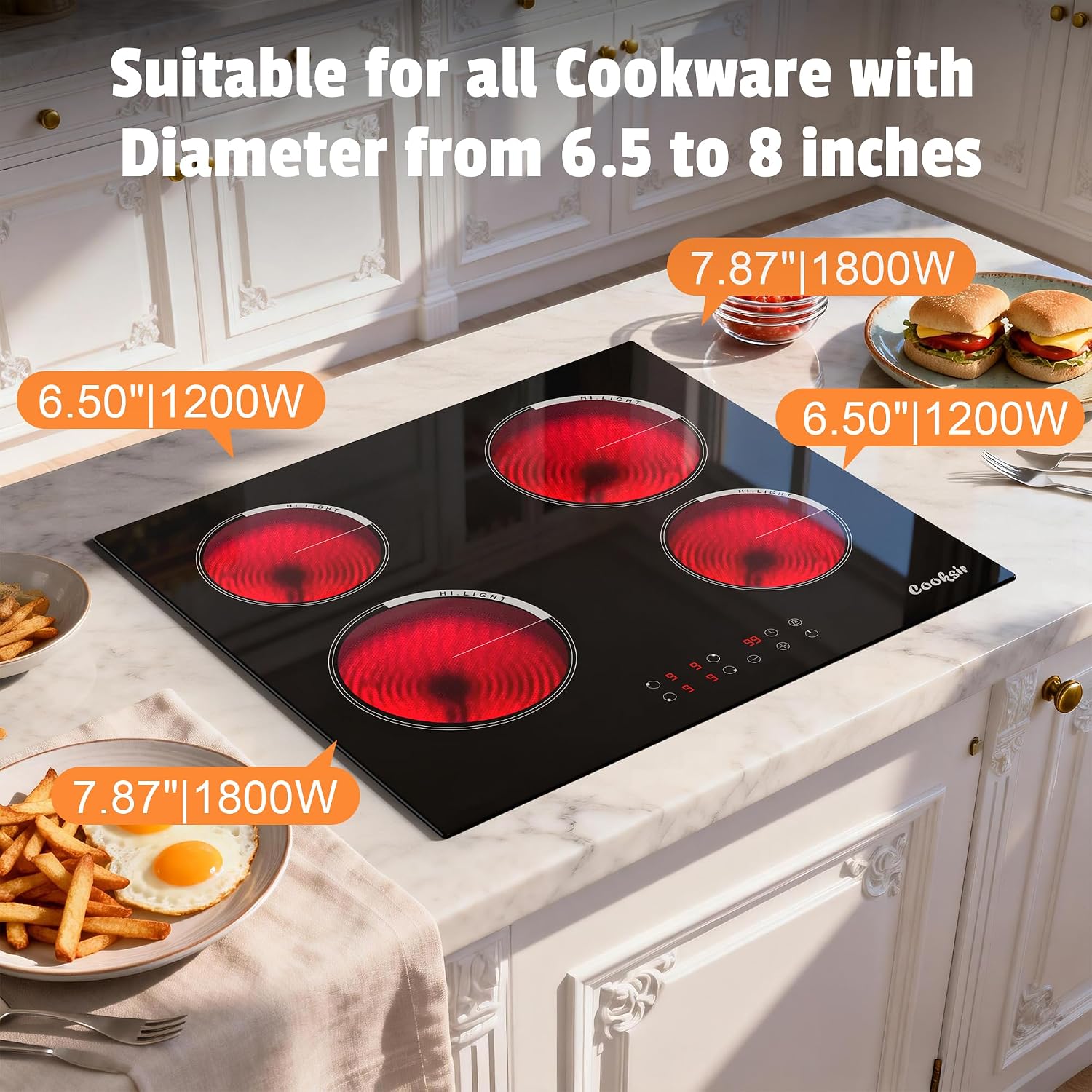 Electric Cooktop 24 Inch, 4 Burner Electric Stove Top Drop-in(22.05'x19.3') 220V-240V, 24 Inch large Ceramic Stovetop with Ceramic Glass, Timer, Kids Safety Lock, 220V Hard Wired (No Plug)