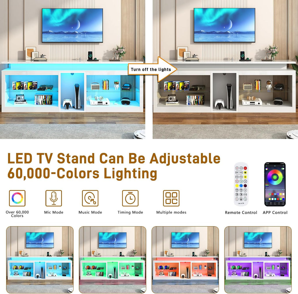 80' LED TV Stand with Power Outlet,60-Colors LED Lights For 80 85 90in TV,High Gloss Gaming Entertainment Center w/Adjustable Shelves,White TV Console with Modern Design for Living Room Bedroom