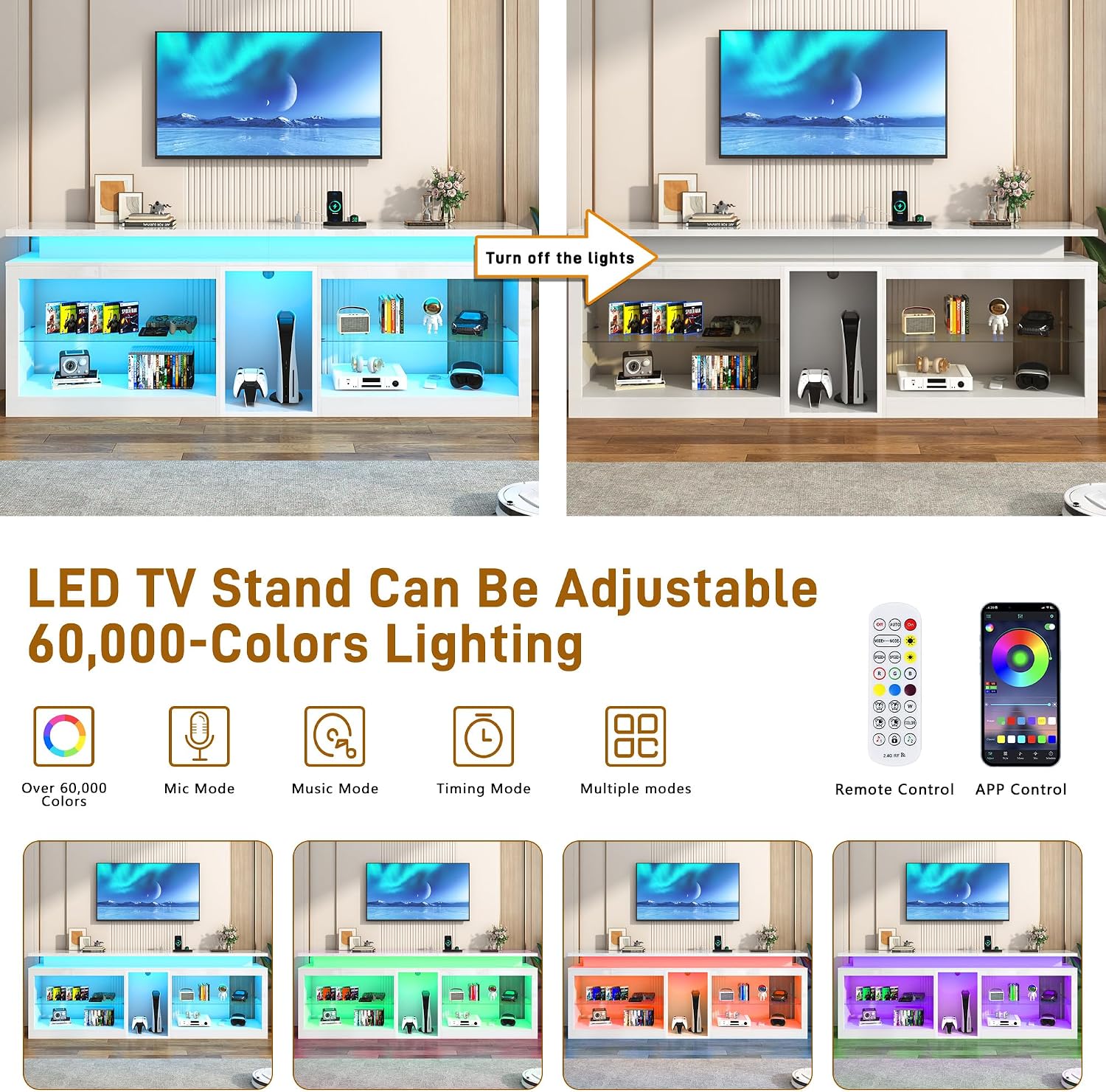 80' LED TV Stand with Power Outlet,60-Colors LED Lights For 80 85 90in TV,High Gloss Gaming Entertainment Center w/Adjustable Shelves,White TV Console with Modern Design for Living Room Bedroom