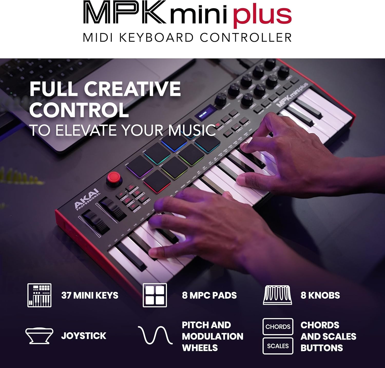 Akai Professional MPK Mini Plus - USB MIDI Keyboard Controller with 37 Mini Keys, 8 MPC Pads, Sequencer, MIDI/CV/Gate I/O, Music Production Software and Native Instruments Sound Package