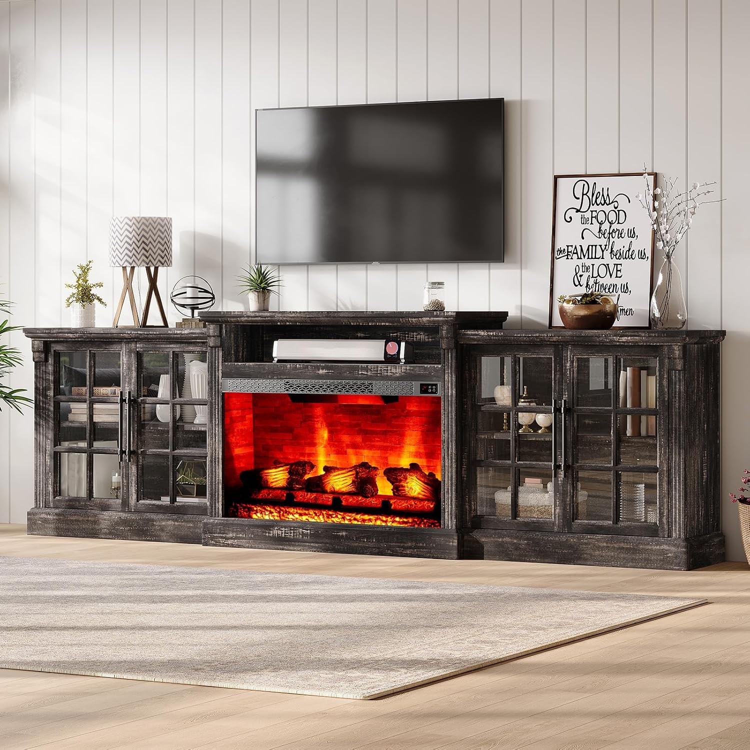 LUXOAK 97' Farmhouse TV Stand with 33' Fireplace for TVs up to 100', Media Entertainment Center with Large Storage Cabinet and Adjustable Shelves for Living Room, Rustic Black