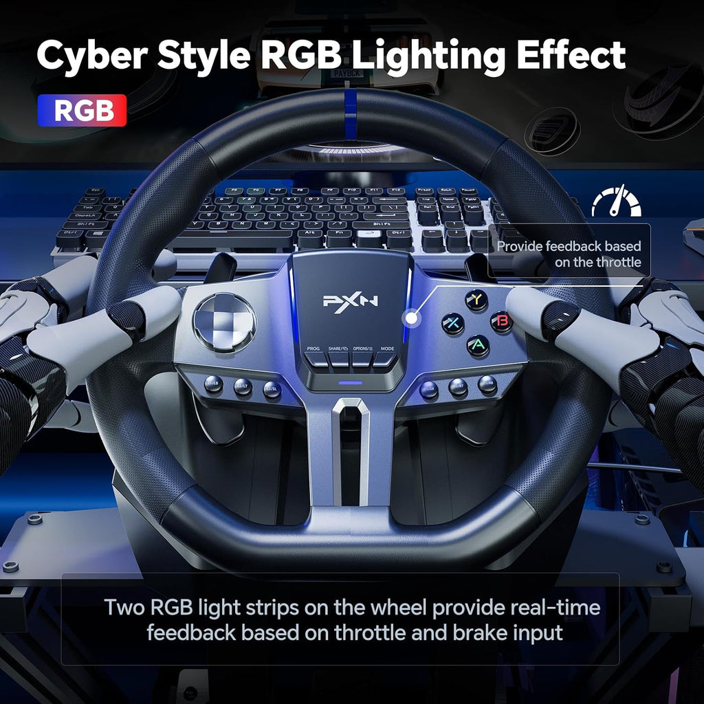 PXN V9 GEN2 Gaming Steering Wheel for PC, Xbox & PS4-270°/900° USB Sim Racing Wheel with Hall 3-Pedal Set, H-Pattern Shifter, Dual Paddles, Vibration Feedback, Pedal-Responsive RGB & App Support