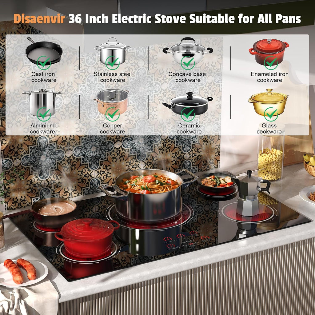 36 Inch Electric Cooktop - 9400W Powerful 5 Burner Electric Stove, 220V Built-in(34.25'x19.3') Ceramic Stove Top 36 Inches with Triple Ring, Timer, Safety Lock, Pause, 220V-240V Hard Wired