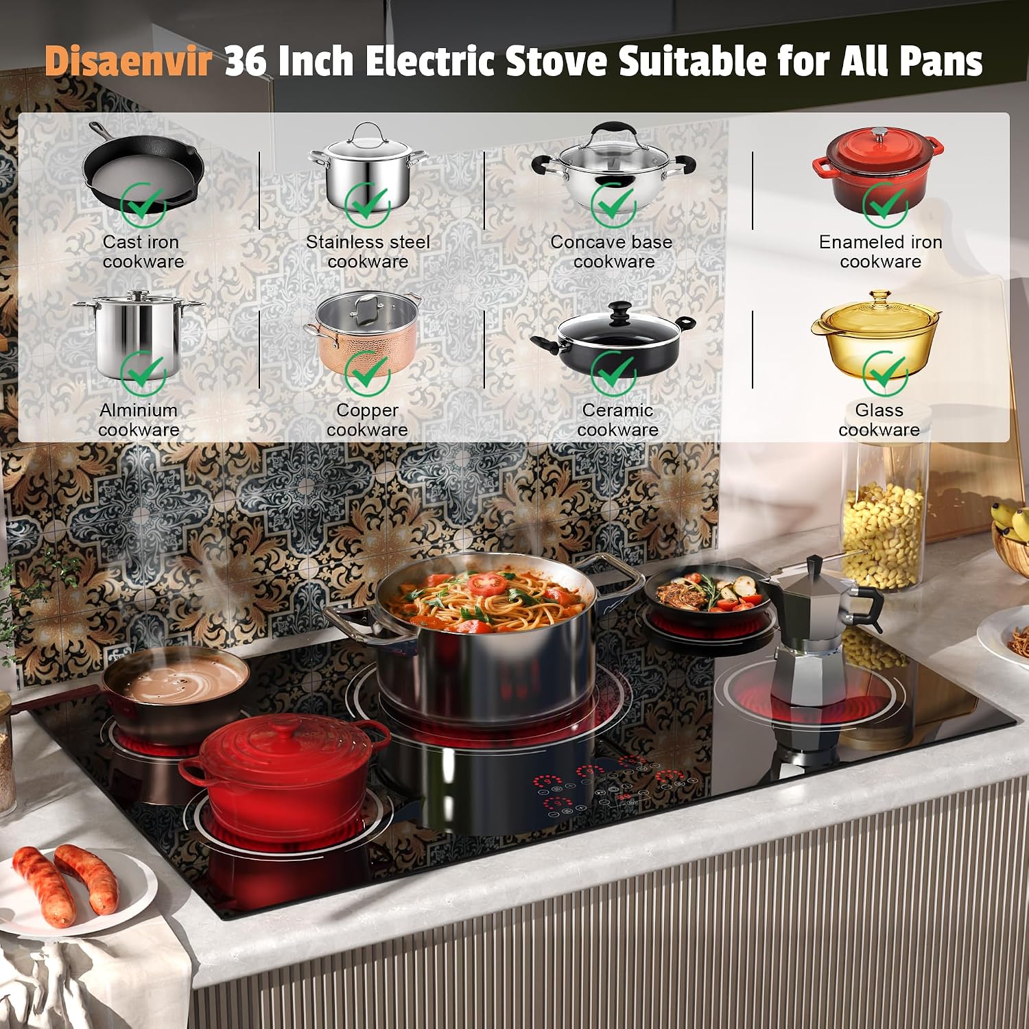 36 Inch Electric Cooktop - 9400W Powerful 5 Burner Electric Stove, 220V Built-in(34.25'x19.3') Ceramic Stove Top 36 Inches with Triple Ring, Timer, Safety Lock, Pause, 220V-240V Hard Wired