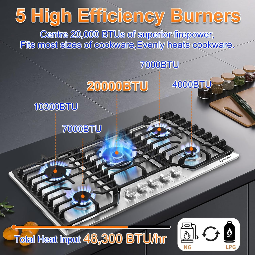 AMZCHEF 36 inch Gas Cooktop with 5 Made in Italy SABAF Power Burners.Max 48300 BTU/hr Built-in Gas Stove top of 304 Stainless steel with Double Sided griddle,NG/LPG Convertible,ETL.