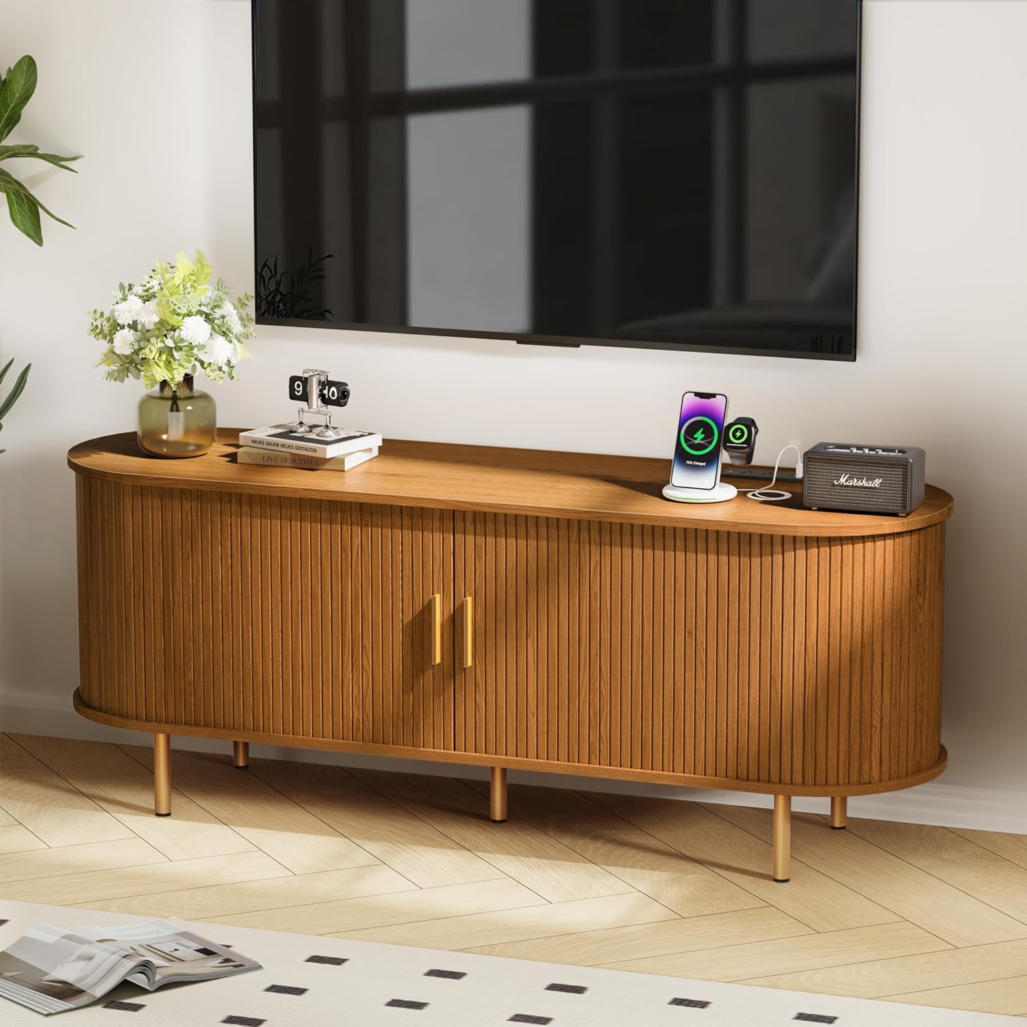 DHH 55 Inch Mid Century Modern TV Stand with Power Outlet for TVs up to 60 Inch, Entertainment Center with Storage and Adjustable Shelves, Media Console with Sliding Doors for Living Room(Yellow)