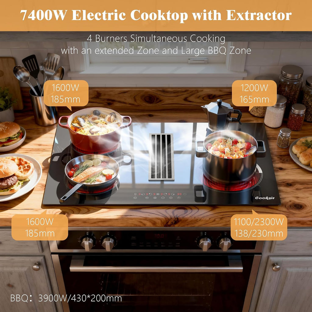 30 Inch Electric Cooktop with Ductless Downdraft - 4 Burner Built-in Stove 7400W, 30' Electric Stove Downdraft Range Hood 135W, Timer, Safety Lock, 220V Hard Wired, Recirculating Air Vent