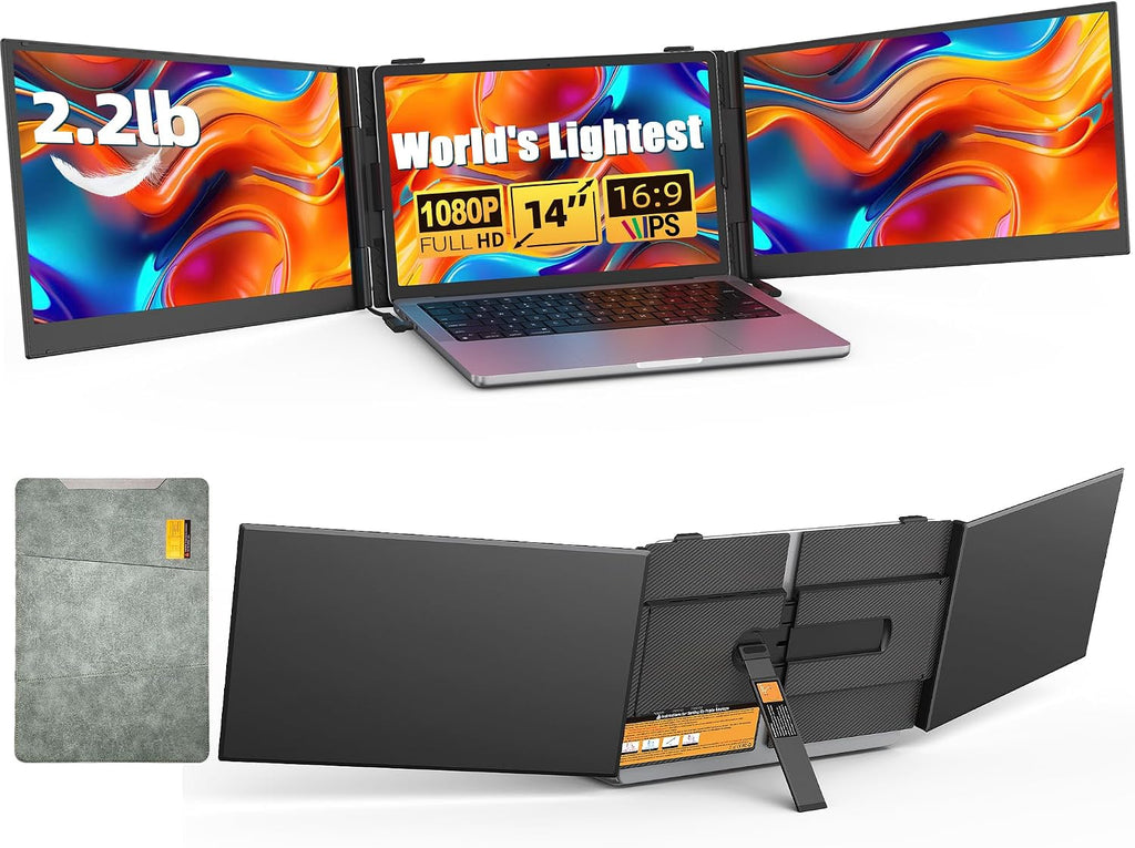 14' Triple Laptop Screen Extender - Ultra Thin & Lightweight (2.2lb) Portable Monitor For Laptop, FHD 1080P Travel Display 13-17' Laptops, Plug & Play USB-C/HDMI, Aluminum Extended Screen for Mac/Win
