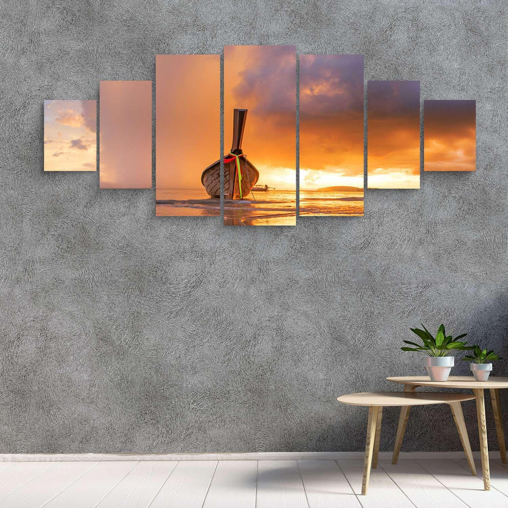 Startonight Large Canvas Wall Art Beach - A Boat at Sunset - Huge Framed Modern Set of 7 Panels 40' x 95'