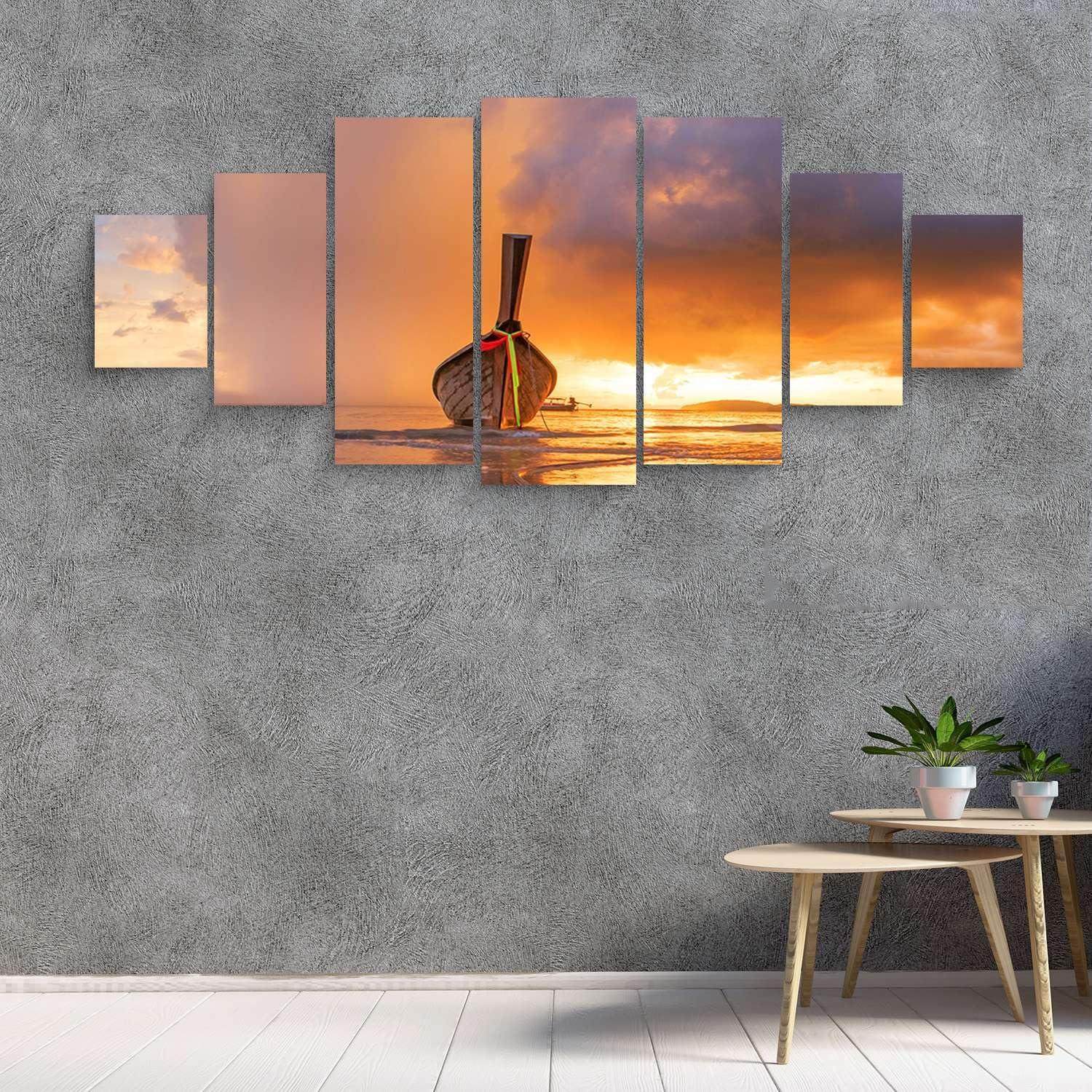 Startonight Large Canvas Wall Art Beach - A Boat at Sunset - Huge Framed Modern Set of 7 Panels 40' x 95'